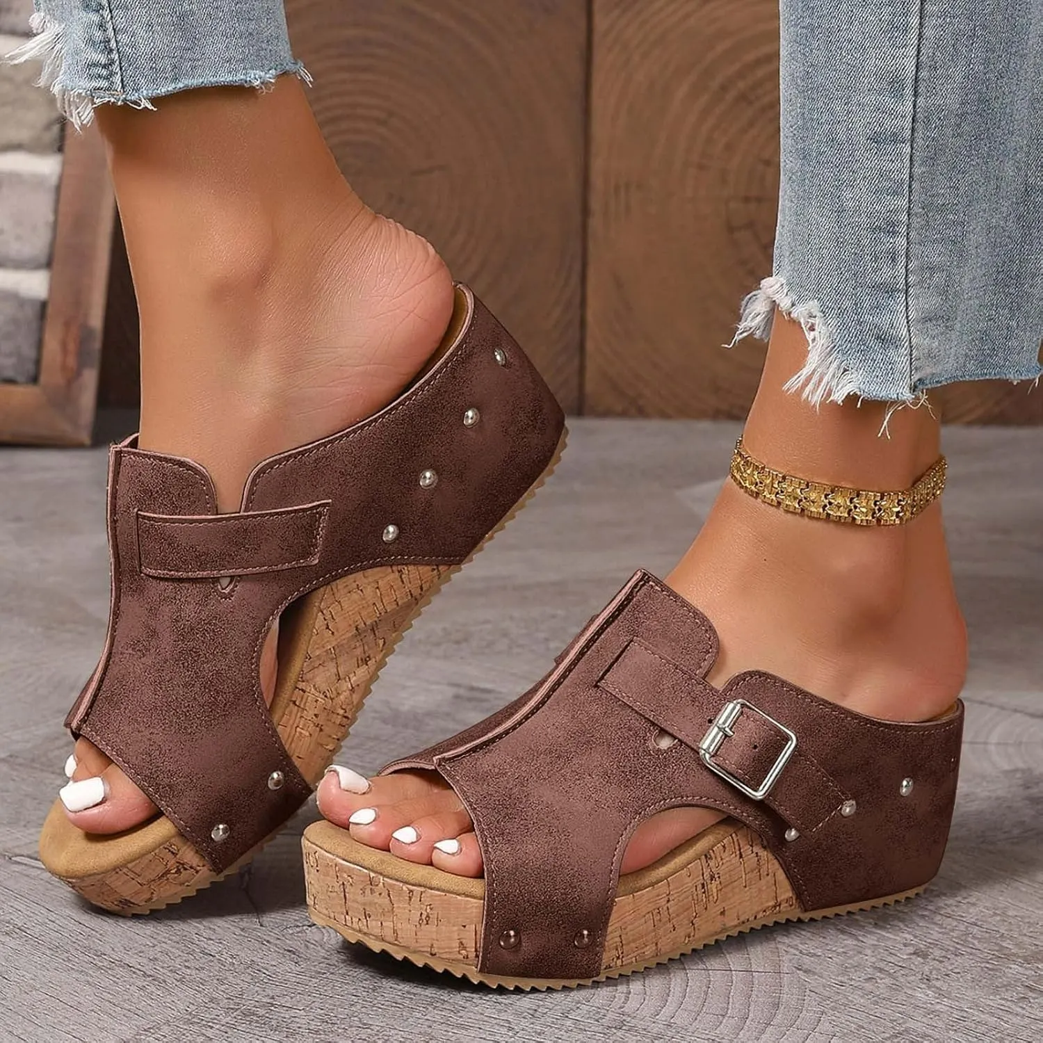 SuanlaTDS Women's Wedge Sandals Dressy Platform Open Toe Summer Slip-on Slides Slippers 2025 Casual Comfortable Retro Sexy High Heels Wedges Slide Sandal Mules for Work Party Wedding