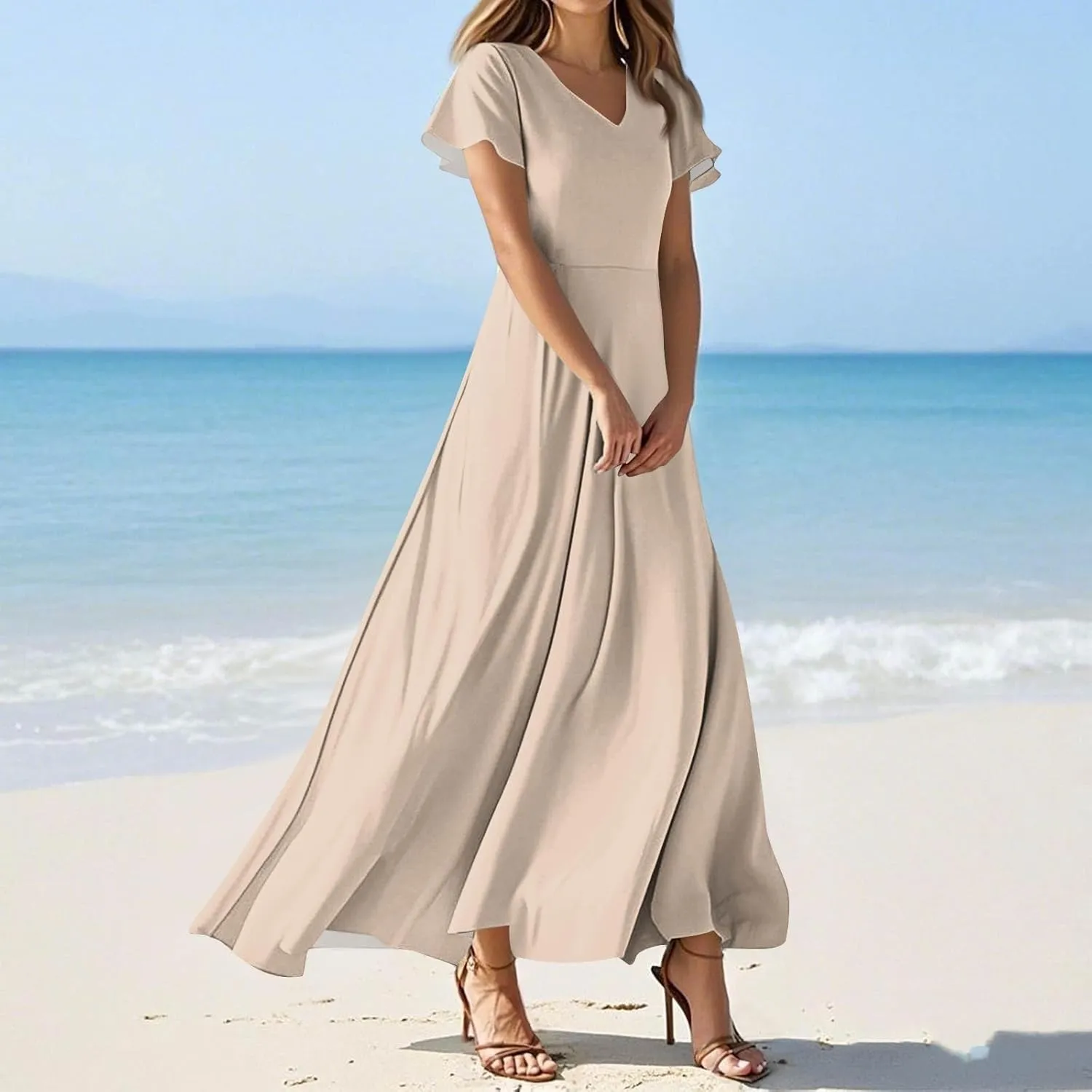 Summer Dresses for Women Elegant V-Neck Short Sleeve Long Maxi Dress Solid/Floral Printed Cocktail Party Dresses