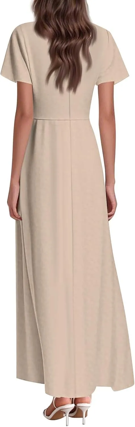 Summer Dresses for Women Elegant V-Neck Short Sleeve Long Maxi Dress Solid/Floral Printed Cocktail Party Dresses