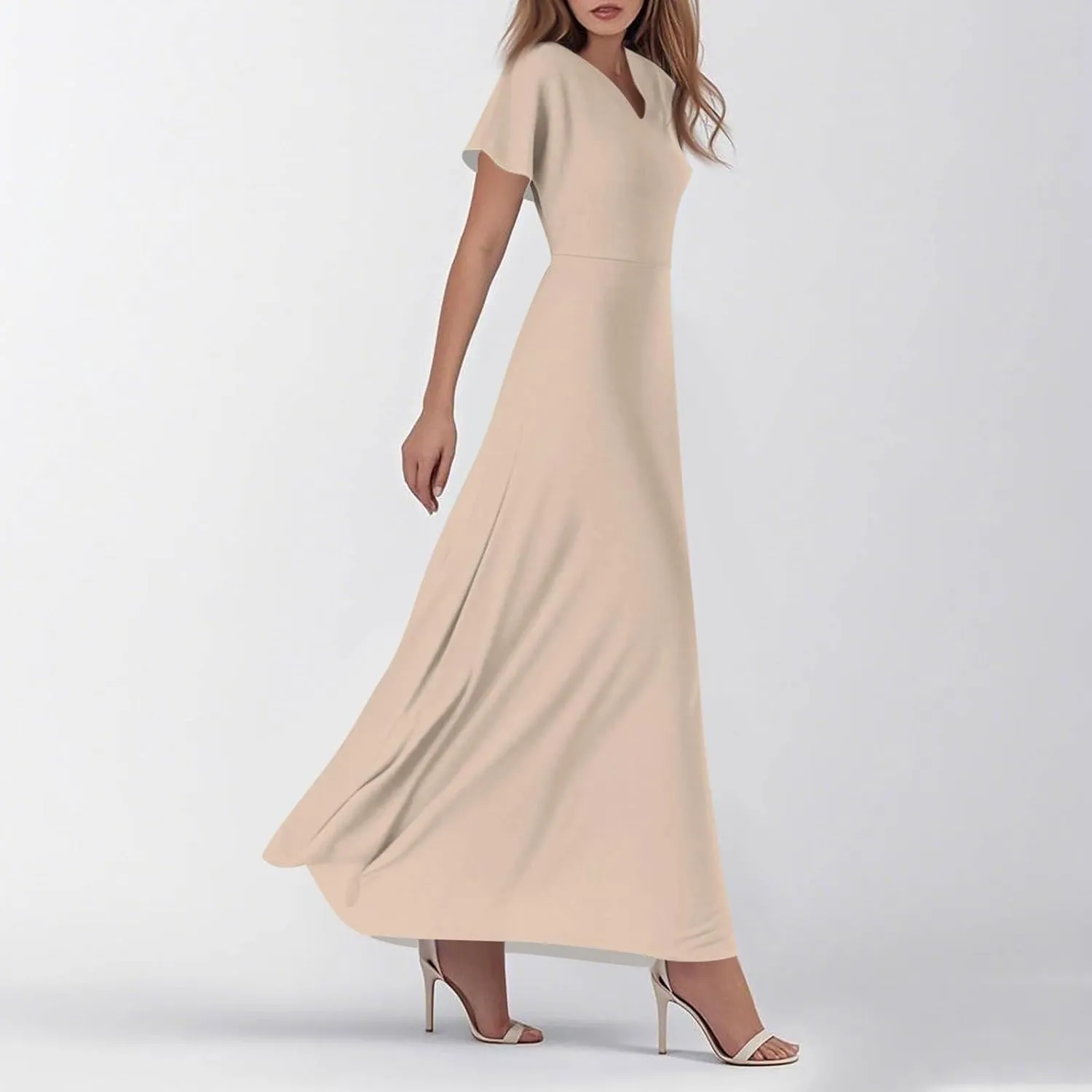 Summer Dresses for Women Elegant V-Neck Short Sleeve Long Maxi Dress Solid/Floral Printed Cocktail Party Dresses