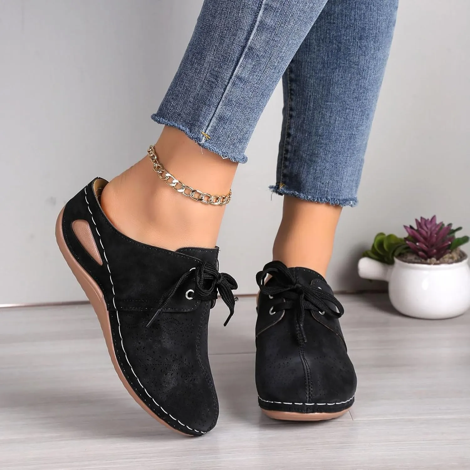 Summer Sandals for Women 2025,Closed Toe Cutout Strap Lace Up Orthopedic Wide Width Slip On Slides Ladies Low Wedge Heel Comfy Cushioned Footbed Arch Support Recovery Mules Casual Shoes