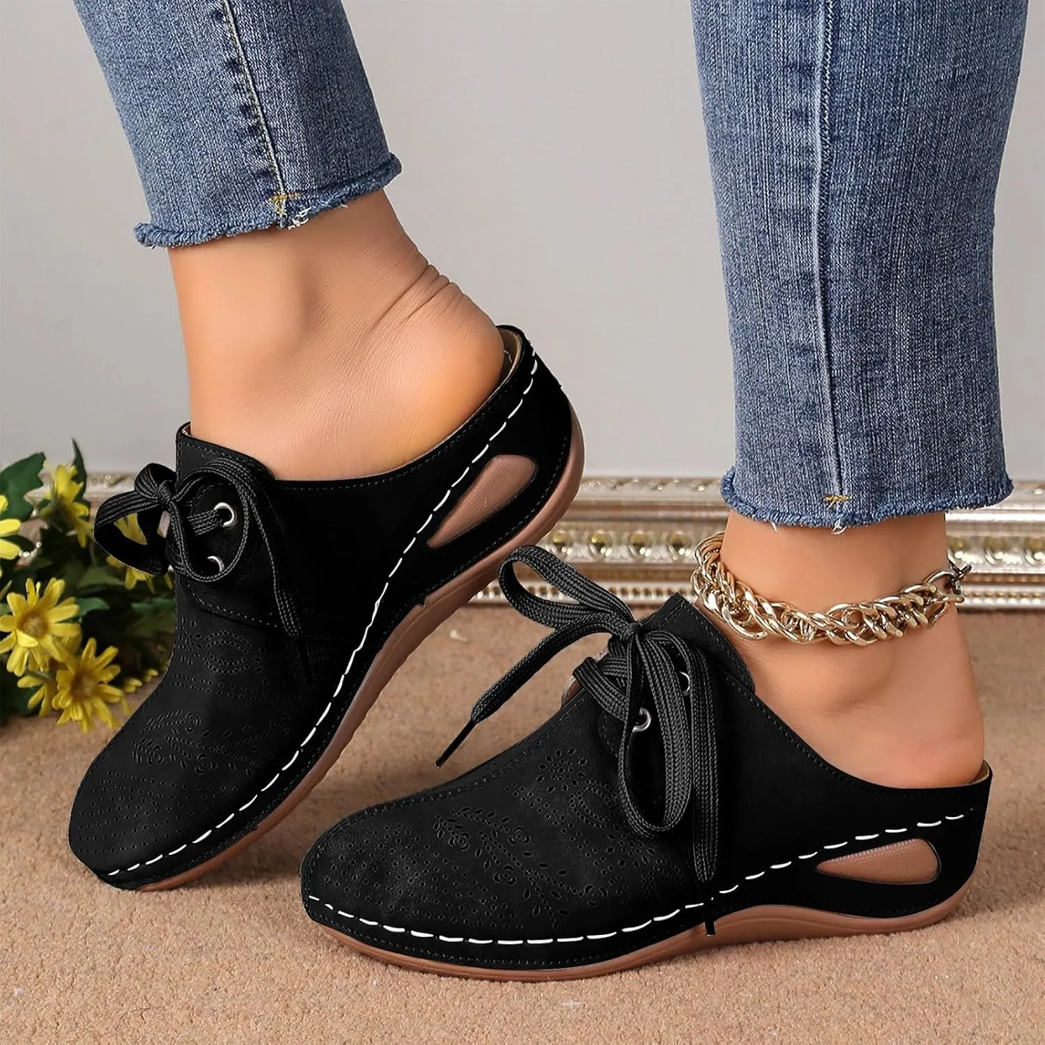 Summer Sandals for Women 2025,Closed Toe Cutout Strap Lace Up Orthopedic Wide Width Slip On Slides Ladies Low Wedge Heel Comfy Cushioned Footbed Arch Support Recovery Mules Casual Shoes