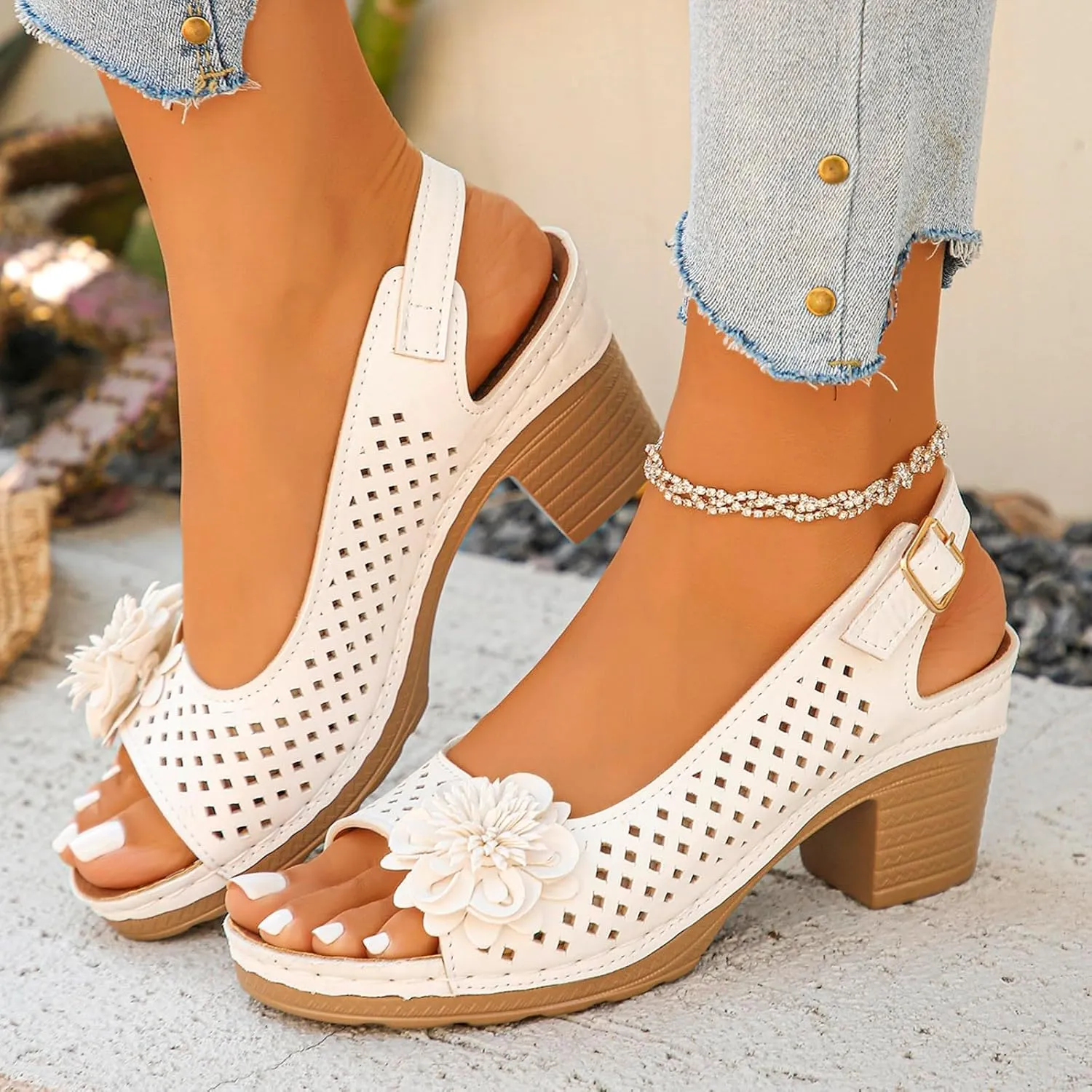 Summer Sandals for Women Open Toe Ankle Strap Chunky High Heels Sandals Peep Flowers Hollow Out Sandal Chunky Block Dress Adjustable Strappy Shoes Lightweight Platform Wedge Fashion Footwear