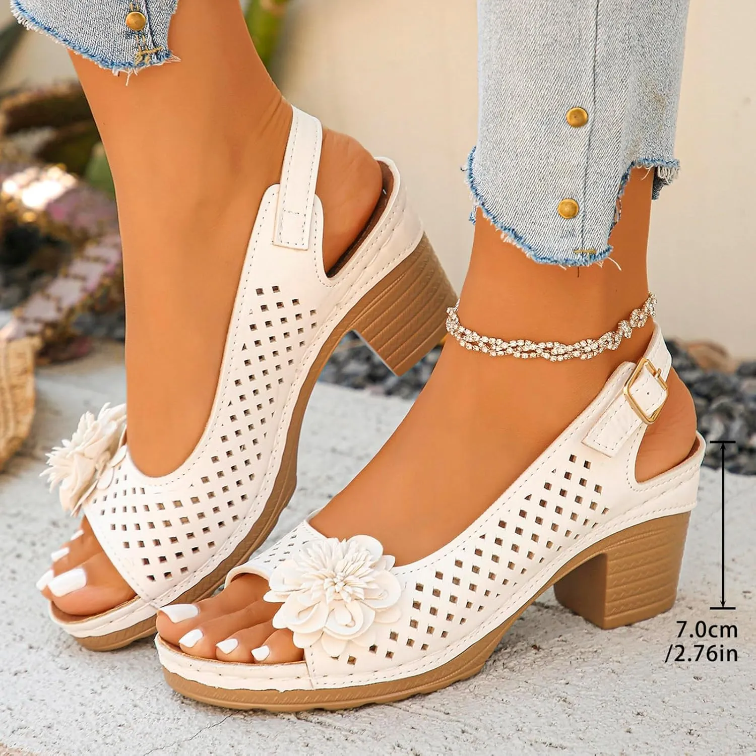 Summer Sandals for Women Open Toe Ankle Strap Chunky High Heels Sandals Peep Flowers Hollow Out Sandal Chunky Block Dress Adjustable Strappy Shoes Lightweight Platform Wedge Fashion Footwear
