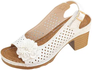 Summer Sandals for Women Open Toe Ankle Strap Chunky High Heels Sandals Peep Flowers Hollow Out Sandal Chunky Block Dress Adjustable Strappy Shoes Lightweight Platform Wedge Fashion Footwear