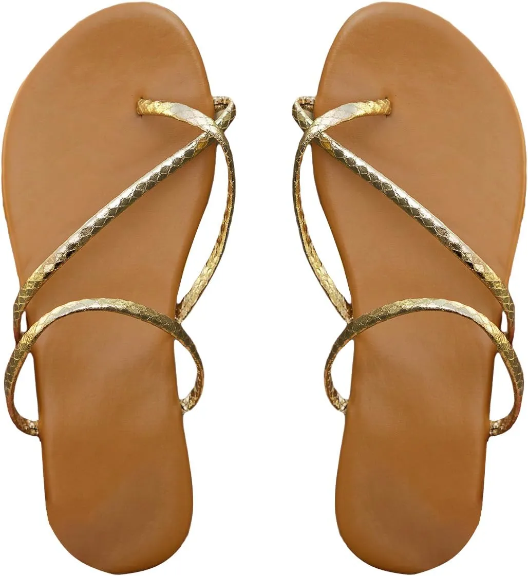 SweatyRocks Women's Metallic Strappy Flat Sandals Criss Cross Open Toe Slip on Dressy Slide Sandal