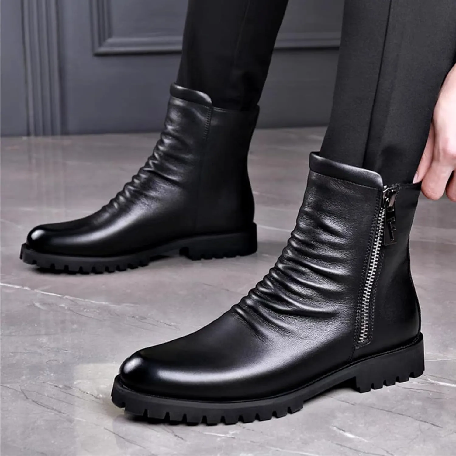 SywzX&xfybz Men's Cowhide Leather Boots Men Round Toe Chelsea Boots