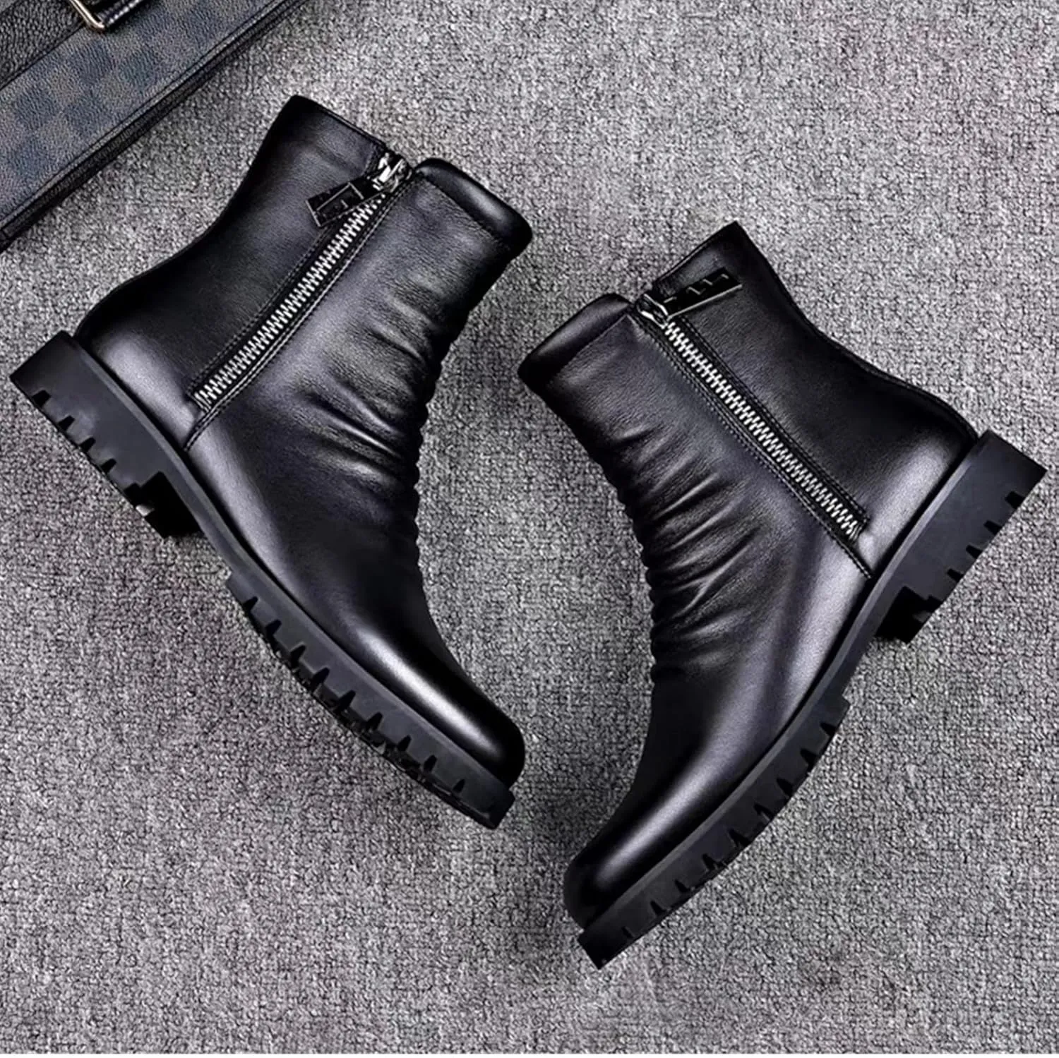 SywzX&xfybz Men's Cowhide Leather Boots Men Round Toe Chelsea Boots