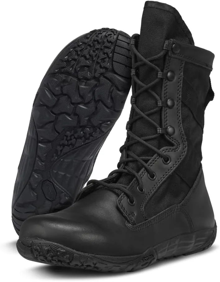 TACTICAL RESEARCH TR Mini-Mil TR102 8 Inch Minimalist Tactical Boots for Men - Lightweight and Breathable Leather with Slip-Resistant Vibram Outsole (5 Wide, Black)