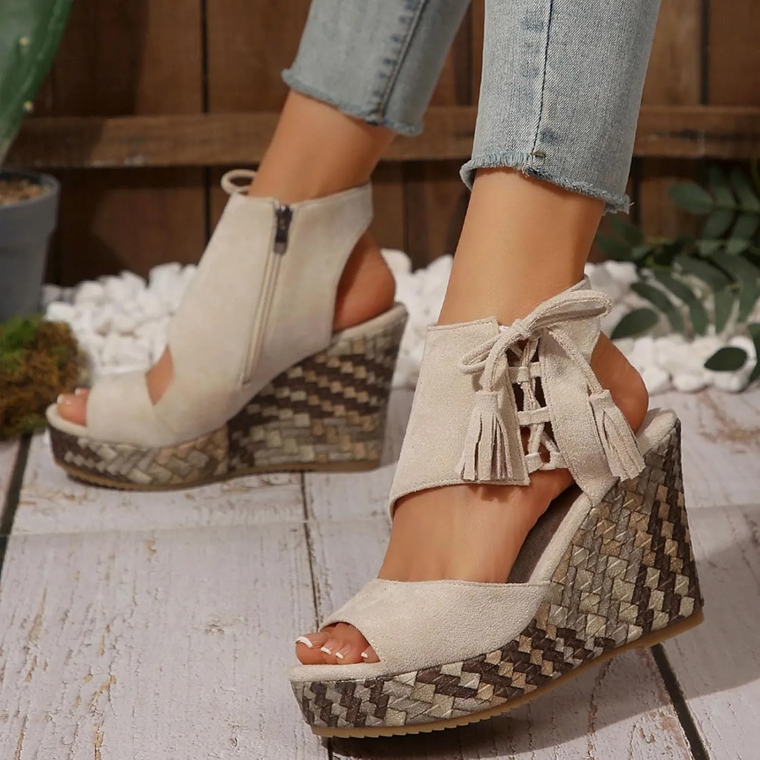 Tassel High Wedge Sandals Open Toe Espadrilles Sandal Comfortable Dressy Ankle Strap Platform Shoes Suitable Boho Beach Summer Shoe