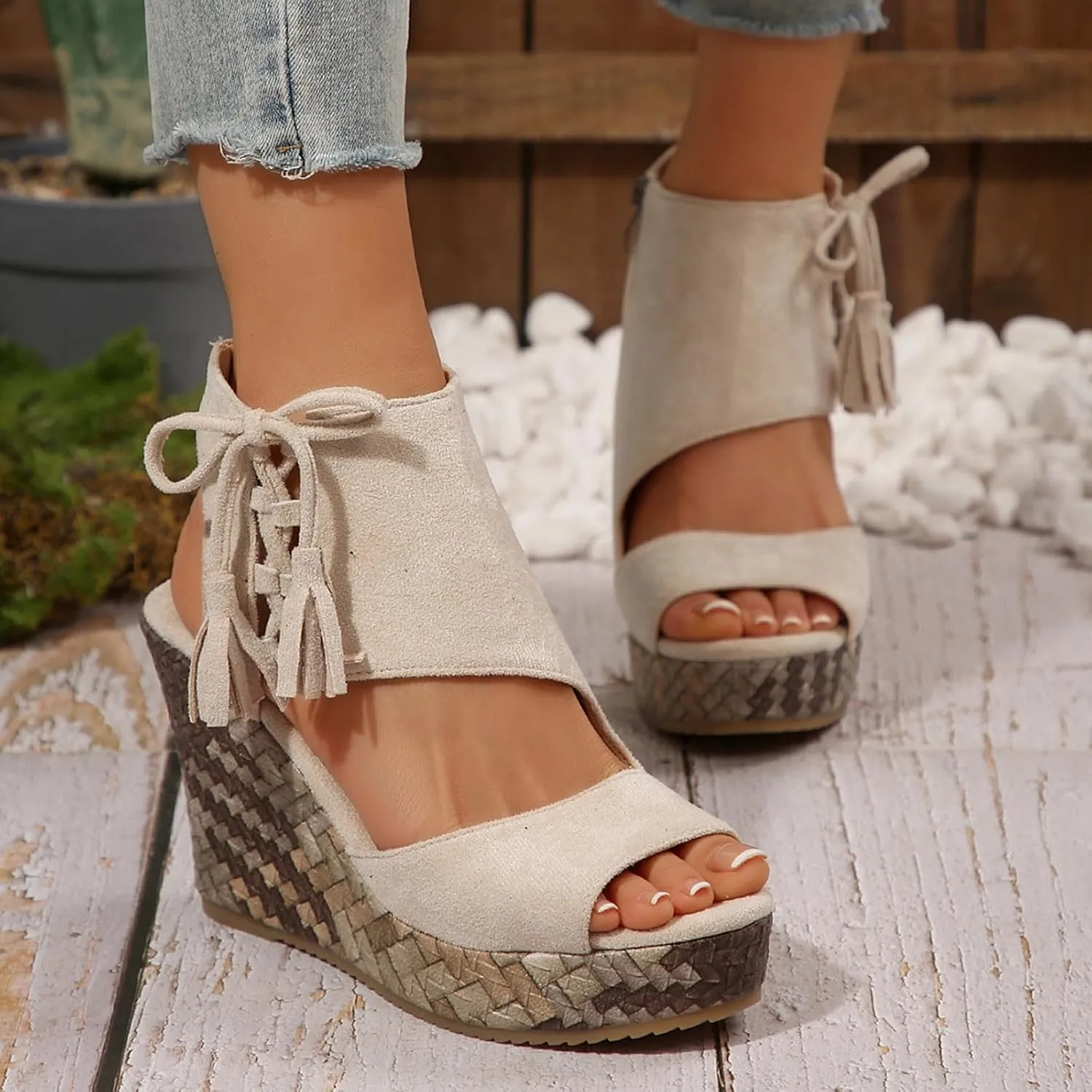 Tassel High Wedge Sandals Open Toe Espadrilles Sandal Comfortable Dressy Ankle Strap Platform Shoes Suitable Boho Beach Summer Shoe