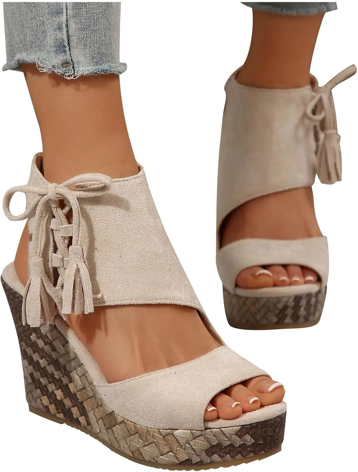 Tassel High Wedge Sandals Open Toe Espadrilles Sandal Comfortable Dressy Ankle Strap Platform Shoes Suitable Boho Beach Summer Shoe
