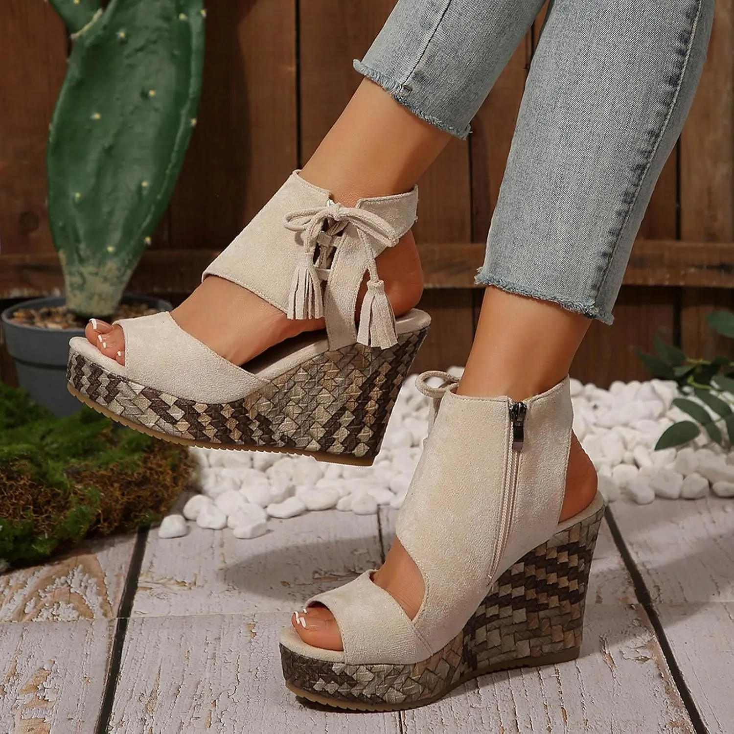 Tassel High Wedge Sandals Open Toe Espadrilles Sandal Comfortable Dressy Ankle Strap Platform Shoes Suitable Boho Beach Summer Shoe