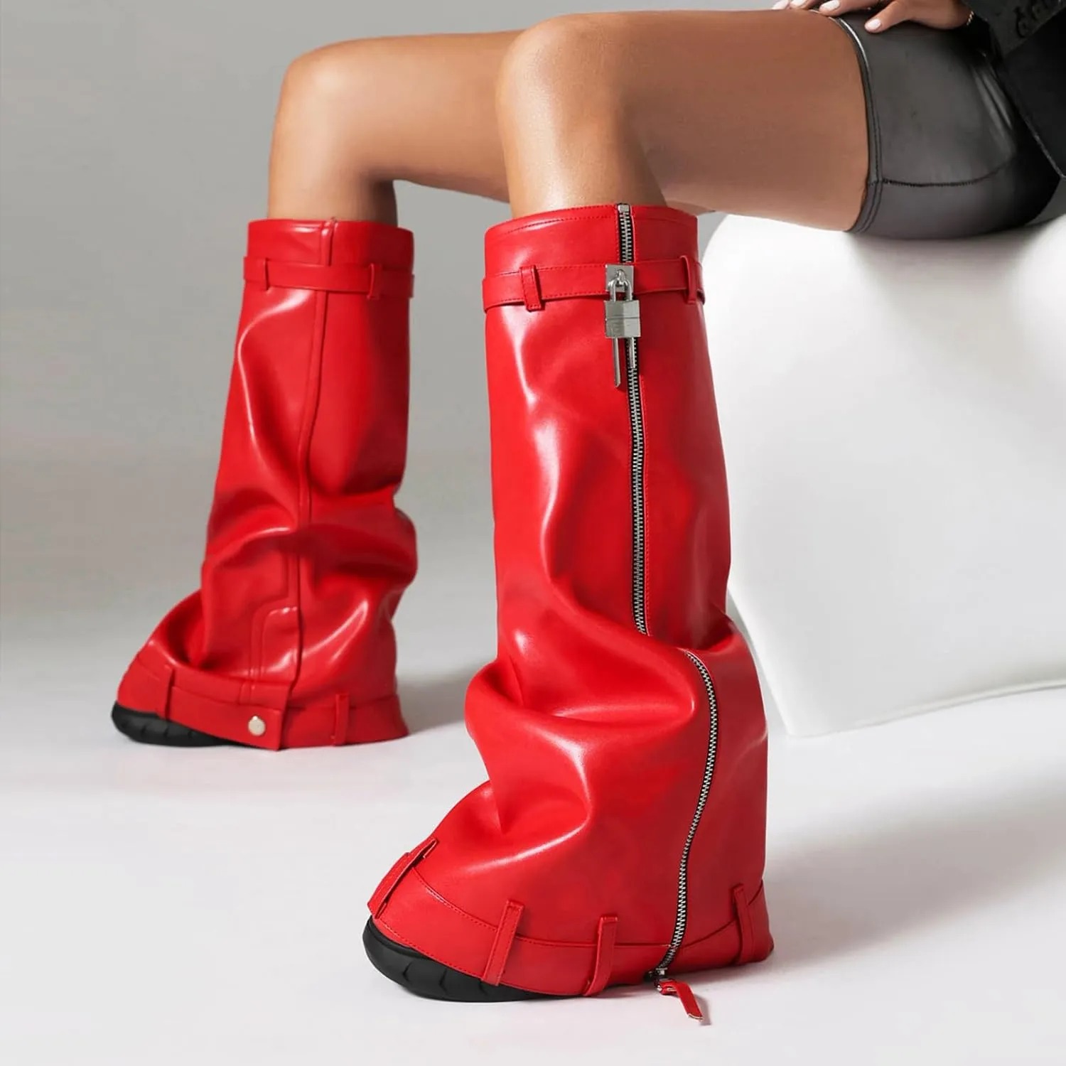 THESHY Women's Leather Fold Over Boots Platform Wedge Heel Knee High Boots Round Toe With Padlock Pull-on Fashion Boots For Women