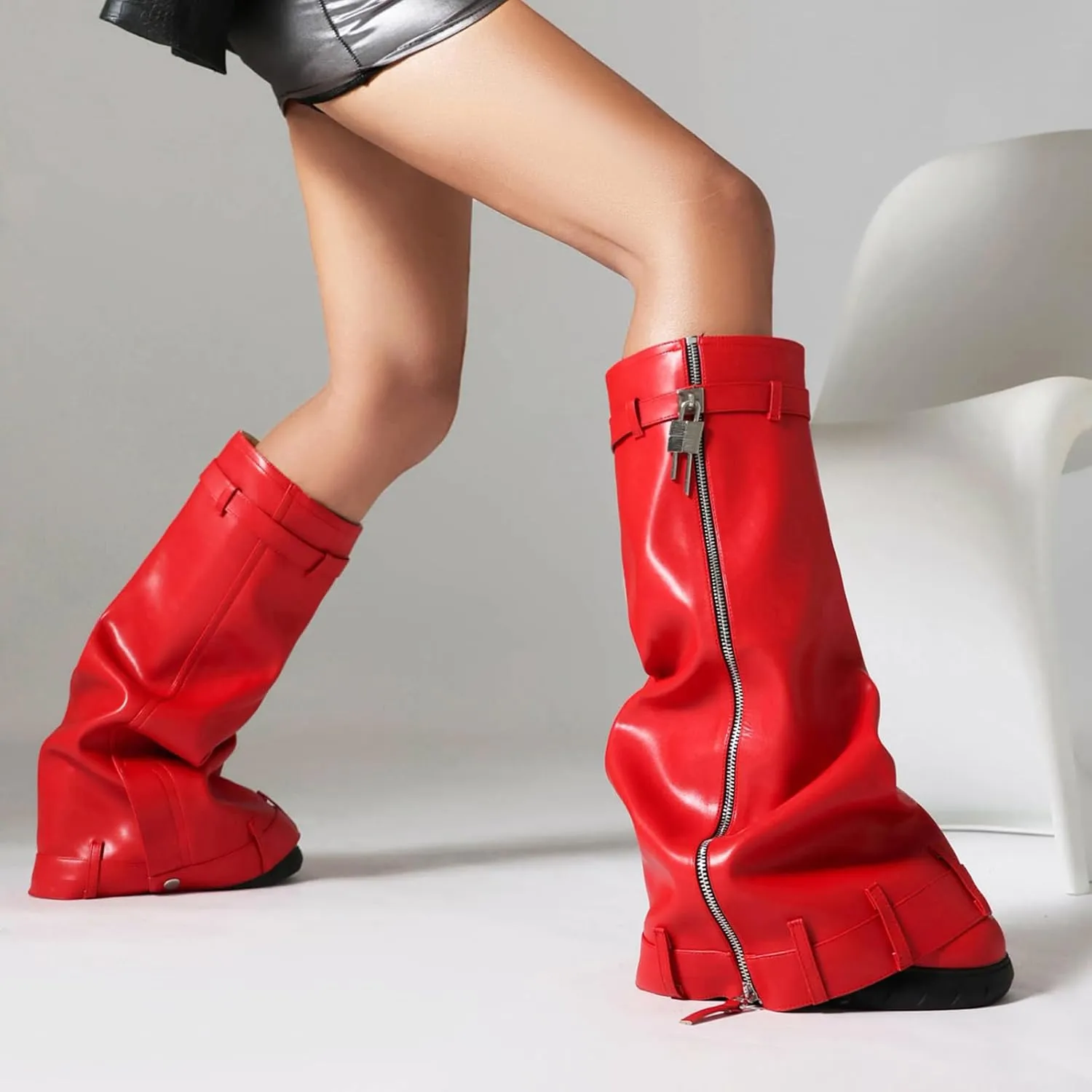 THESHY Women's Leather Fold Over Boots Platform Wedge Heel Knee High Boots Round Toe With Padlock Pull-on Fashion Boots For Women