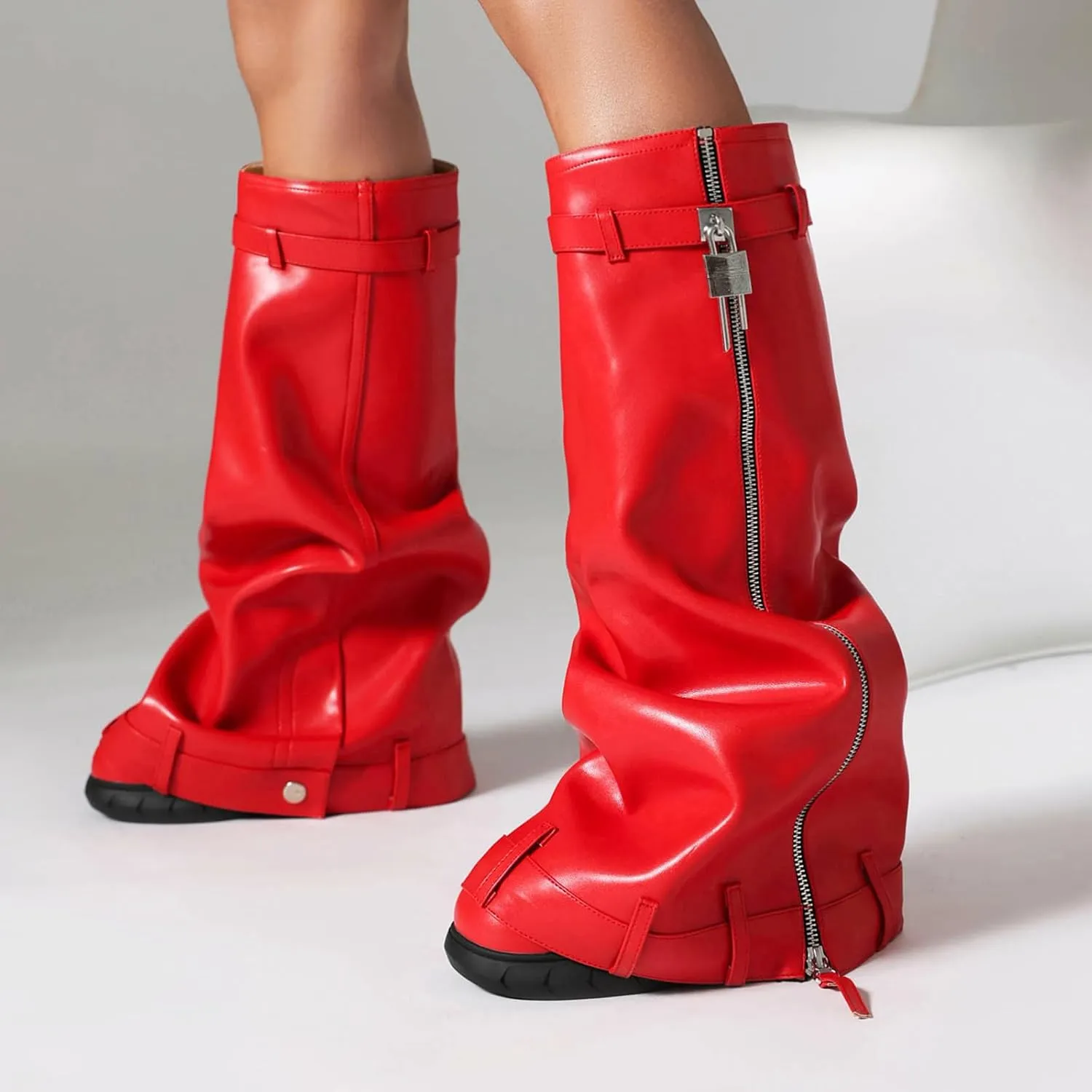 THESHY Women's Leather Fold Over Boots Platform Wedge Heel Knee High Boots Round Toe With Padlock Pull-on Fashion Boots For Women