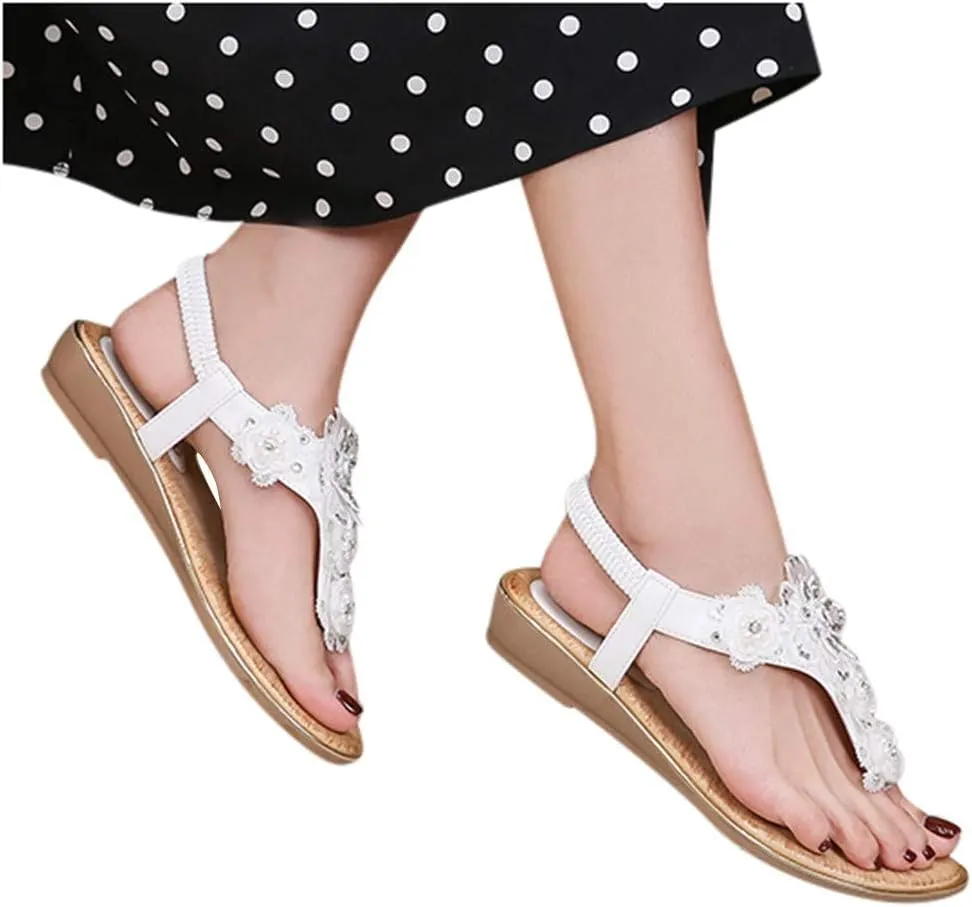 Thong Sandals for Women Beach,Bohemia Floral Flat Sandals T-Strap Summer Beach Glitter Beaded Elastic Flip-Flop Thong Shoes