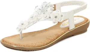 Thong Sandals for Women Beach,Bohemia Floral Flat Sandals T-Strap Summer Beach Glitter Beaded Elastic Flip-Flop Thong Shoes