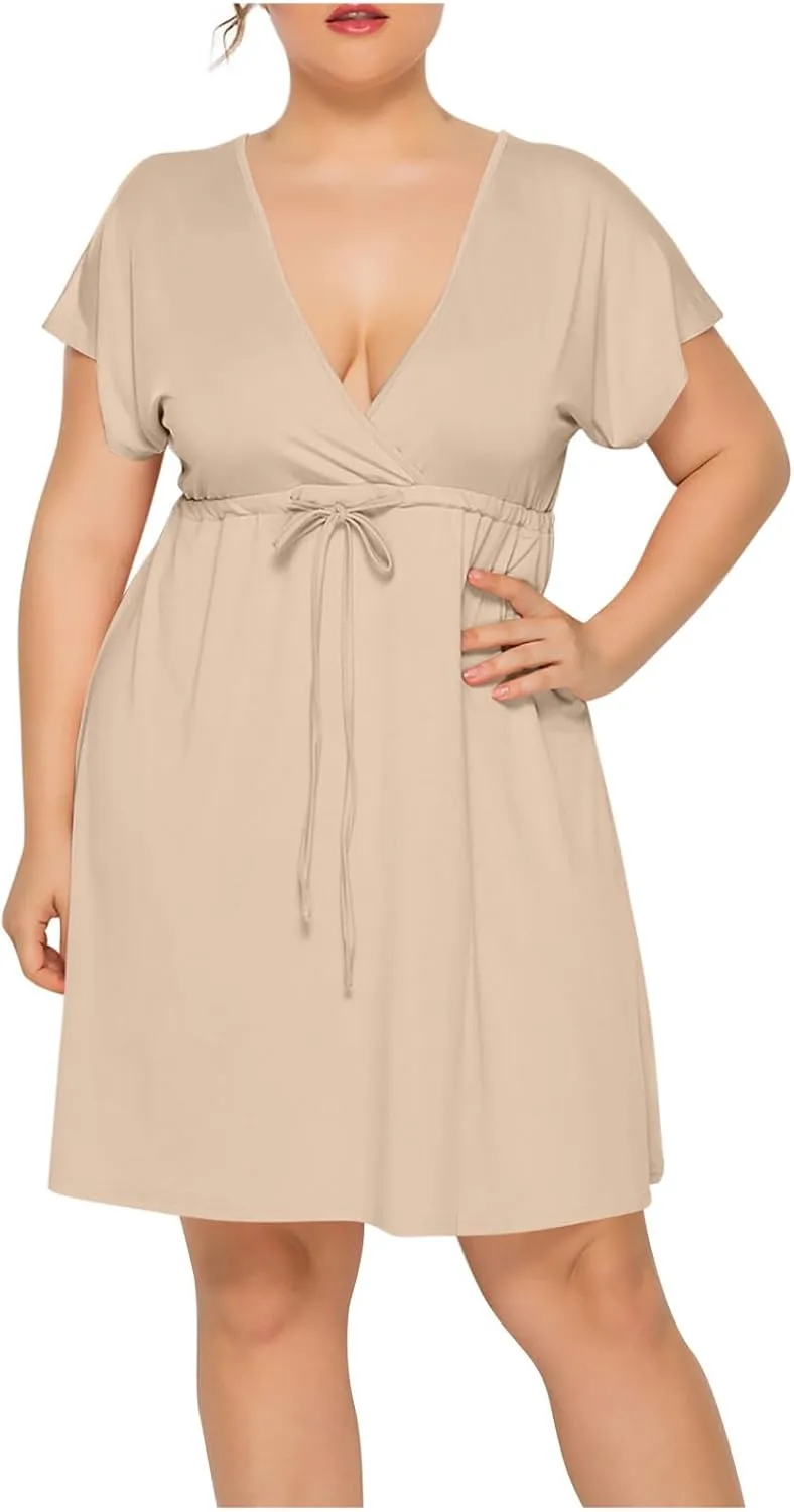 Trendy Ruffle Puff Sleeve Dresses for Women Sexy Deep V Neck with Belt Maxi Skirts Oversize Loose Comfy Dress Outside