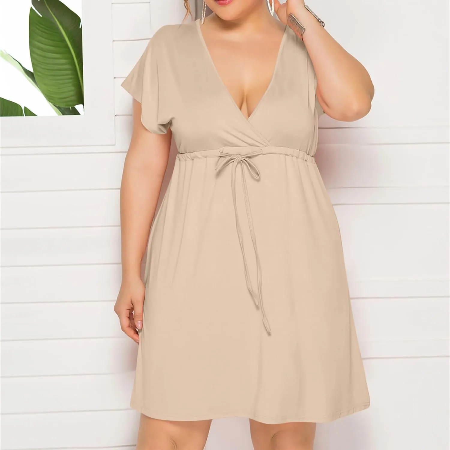 Trendy Ruffle Puff Sleeve Dresses for Women Sexy Deep V Neck with Belt Maxi Skirts Oversize Loose Comfy Dress Outside