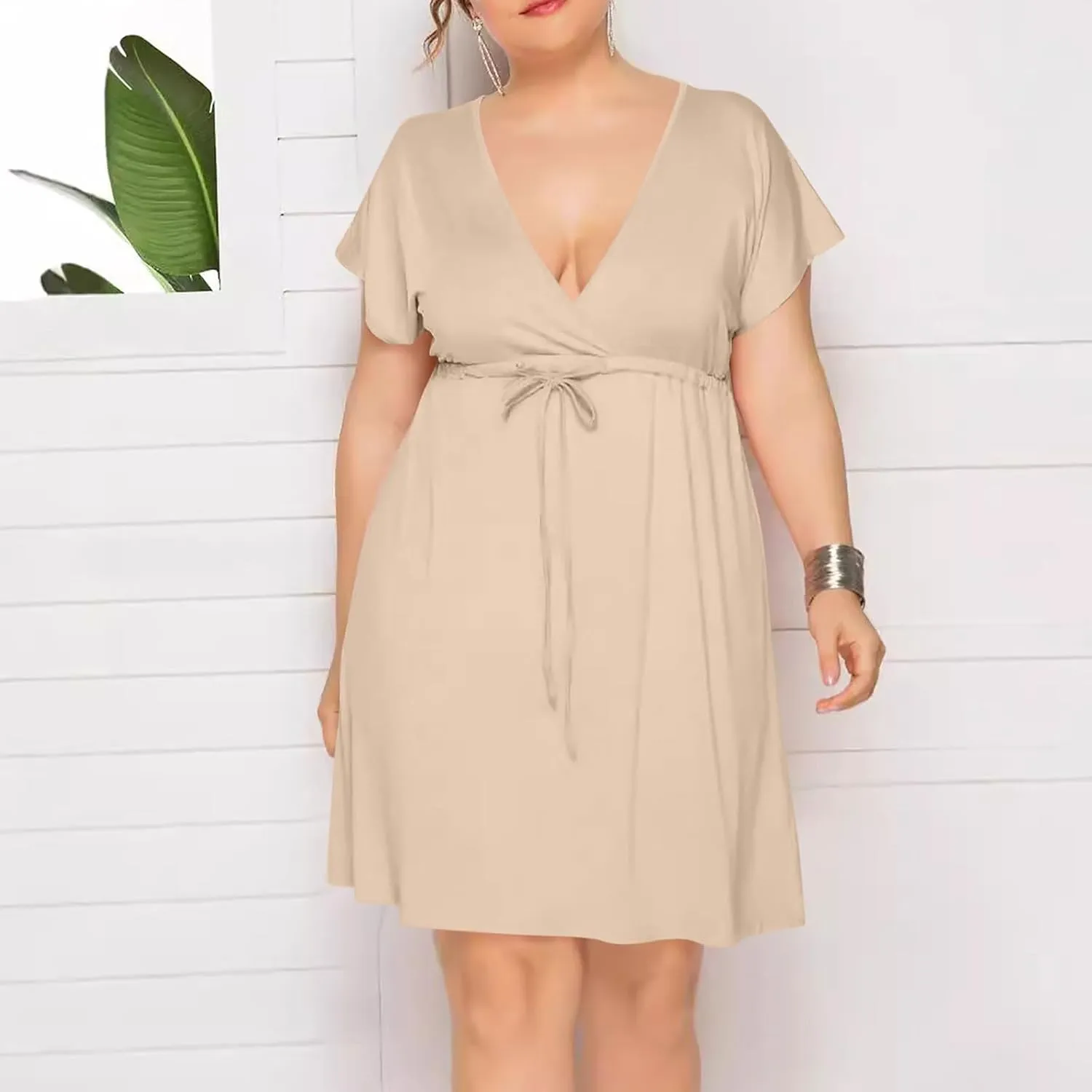 Trendy Ruffle Puff Sleeve Dresses for Women Sexy Deep V Neck with Belt Maxi Skirts Oversize Loose Comfy Dress Outside