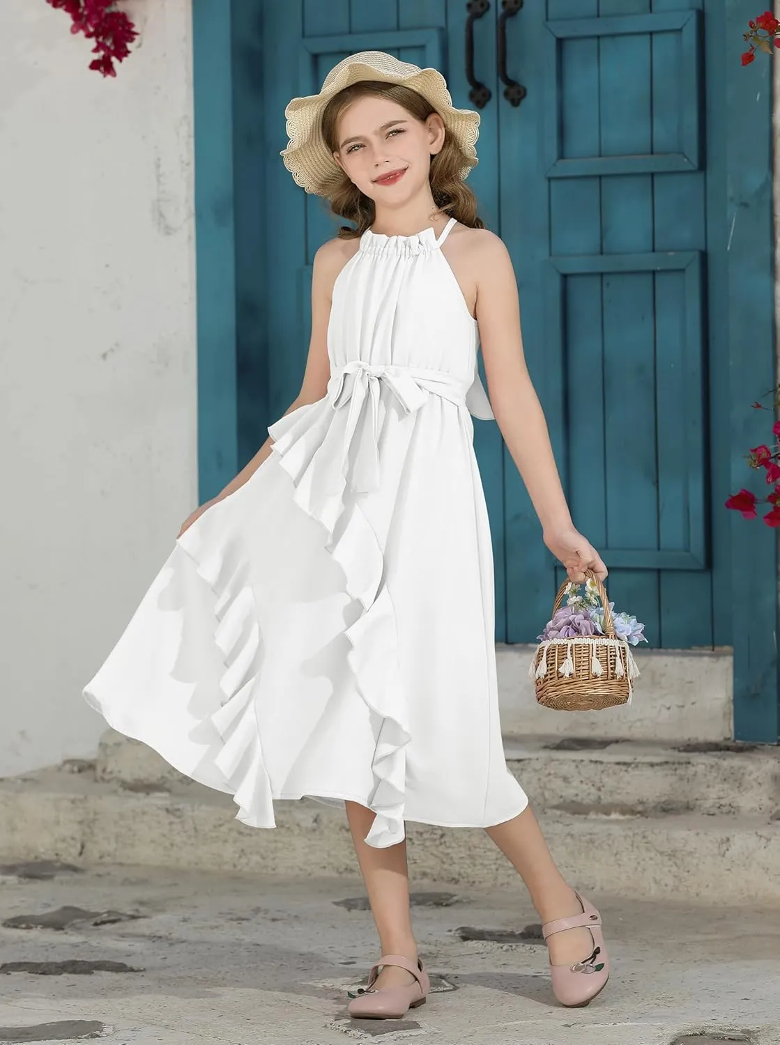 Tween Girls Dresses Halter Tie Back Tiered Ruffle A-Line Flowy Dress Summer Sleeveless Sundress Size 5-14 Years
