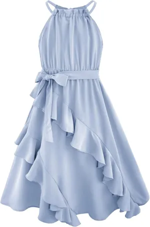 Tween Girls Dresses Halter Tie Back Tiered Ruffle A-Line Flowy Dress Summer Sleeveless Sundress Size 5-14 Years
