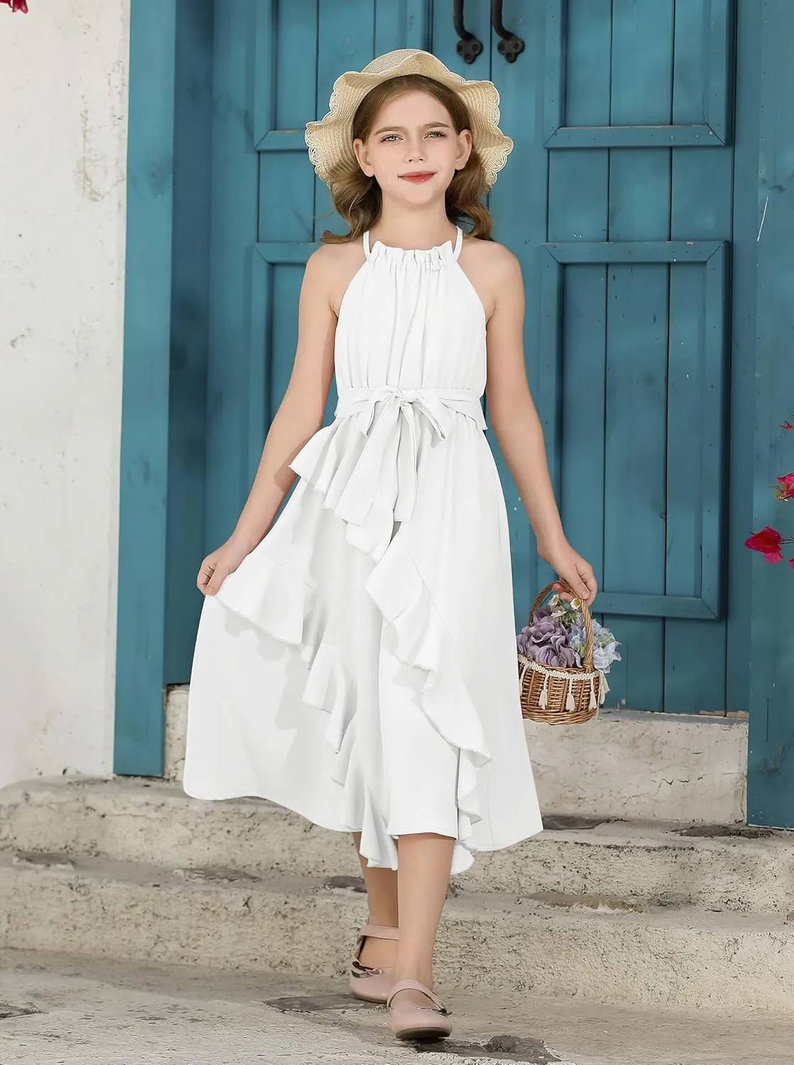 Tween Girls Dresses Halter Tie Back Tiered Ruffle A-Line Flowy Dress Summer Sleeveless Sundress Size 5-14 Years