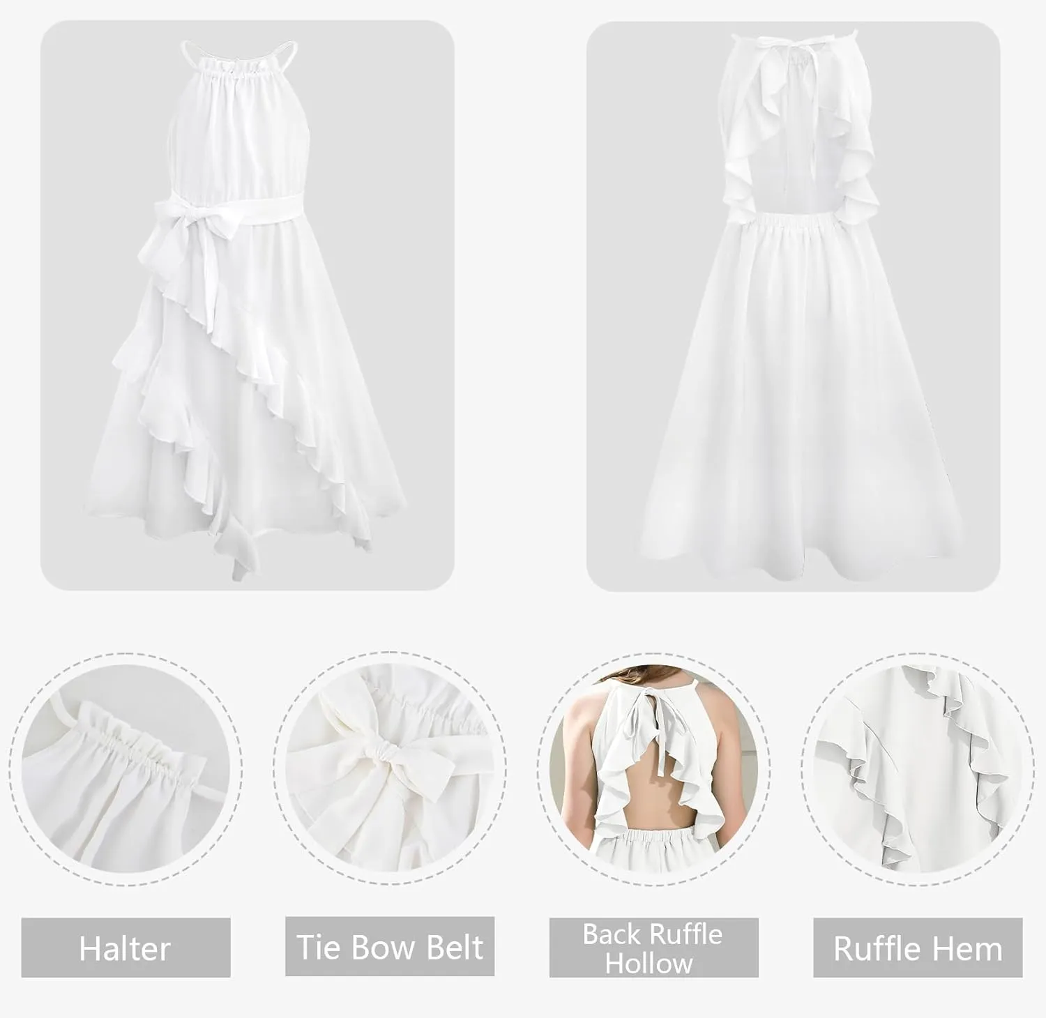 Tween Girls Dresses Halter Tie Back Tiered Ruffle A-Line Flowy Dress Summer Sleeveless Sundress Size 5-14 Years