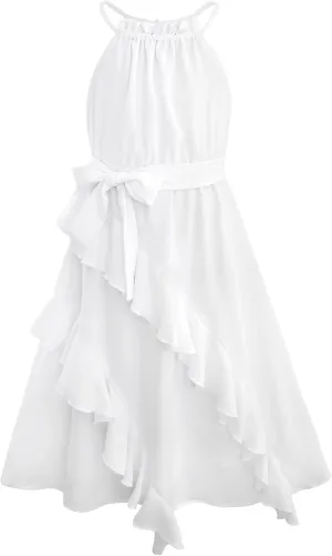 Tween Girls Dresses Halter Tie Back Tiered Ruffle A-Line Flowy Dress Summer Sleeveless Sundress Size 5-14 Years