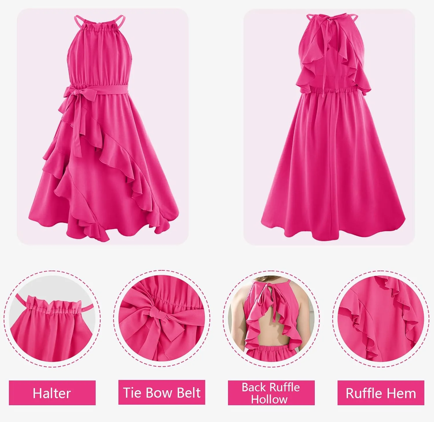 Tween Girls Dresses Halter Tie Back Tiered Ruffle A-Line Flowy Dress Summer Sleeveless Sundress Size 5-14 Years
