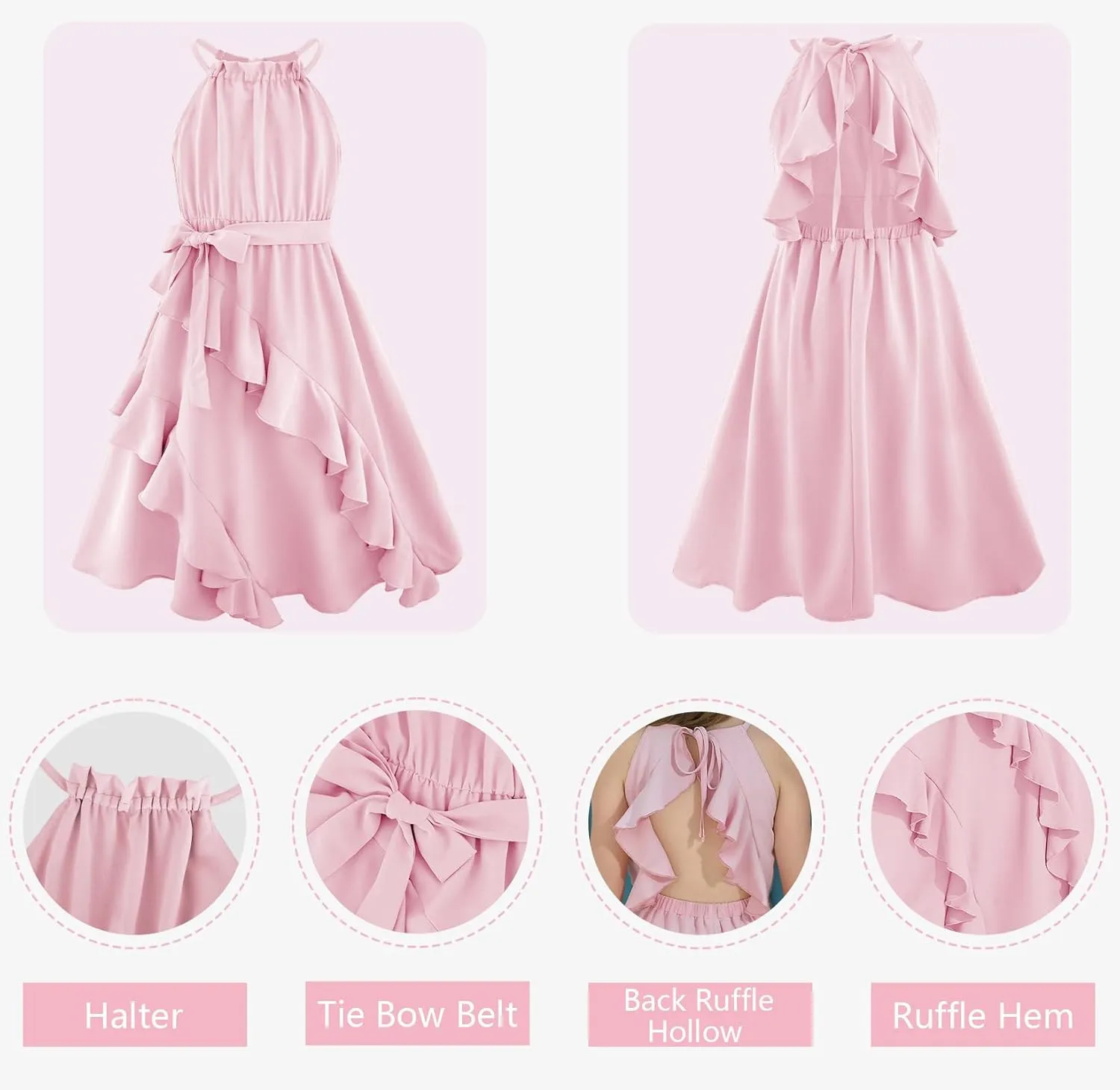 Tween Girls Dresses Halter Tie Back Tiered Ruffle A-Line Flowy Dress Summer Sleeveless Sundress Size 5-14 Years