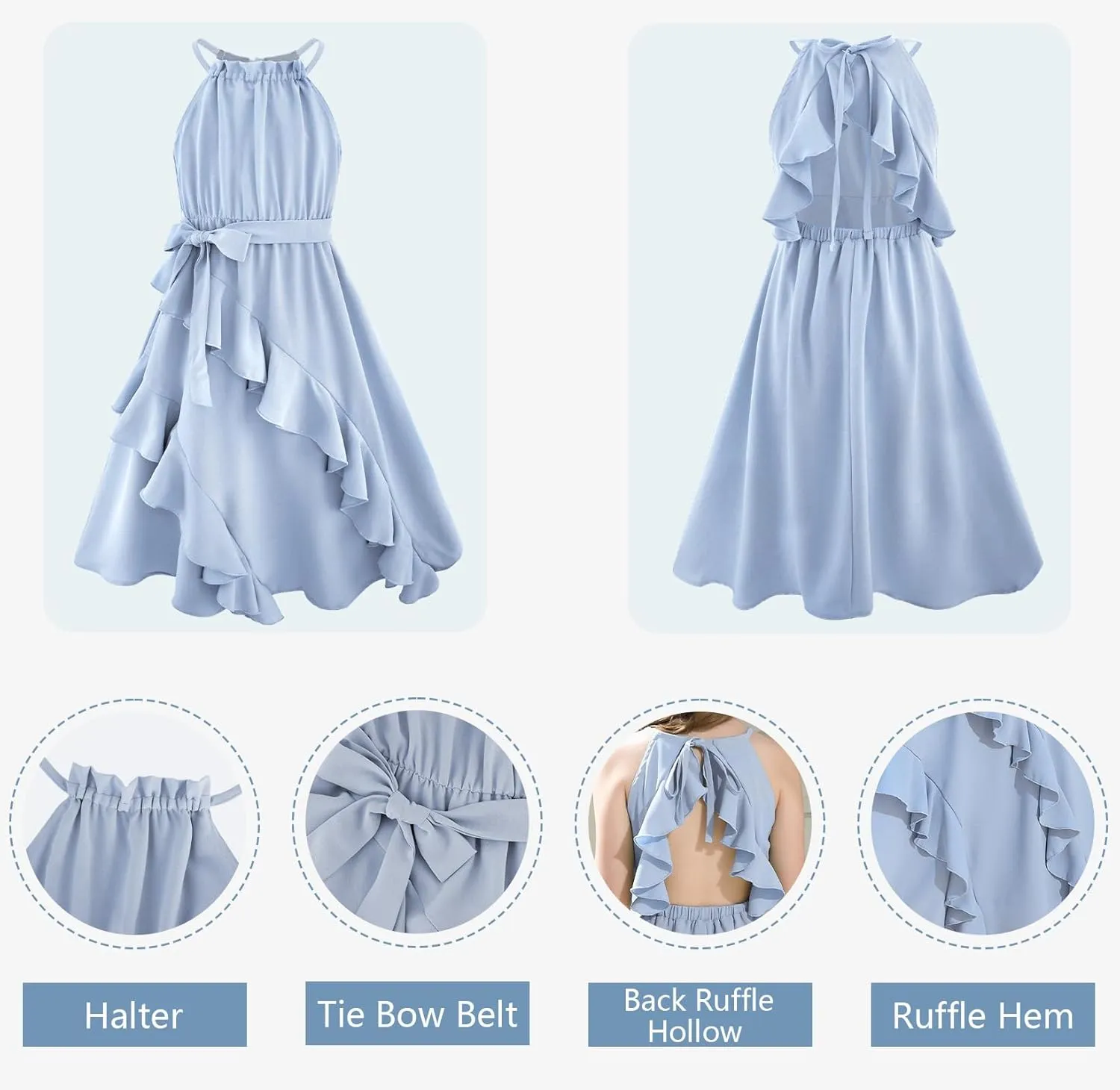 Tween Girls Dresses Halter Tie Back Tiered Ruffle A-Line Flowy Dress Summer Sleeveless Sundress Size 5-14 Years