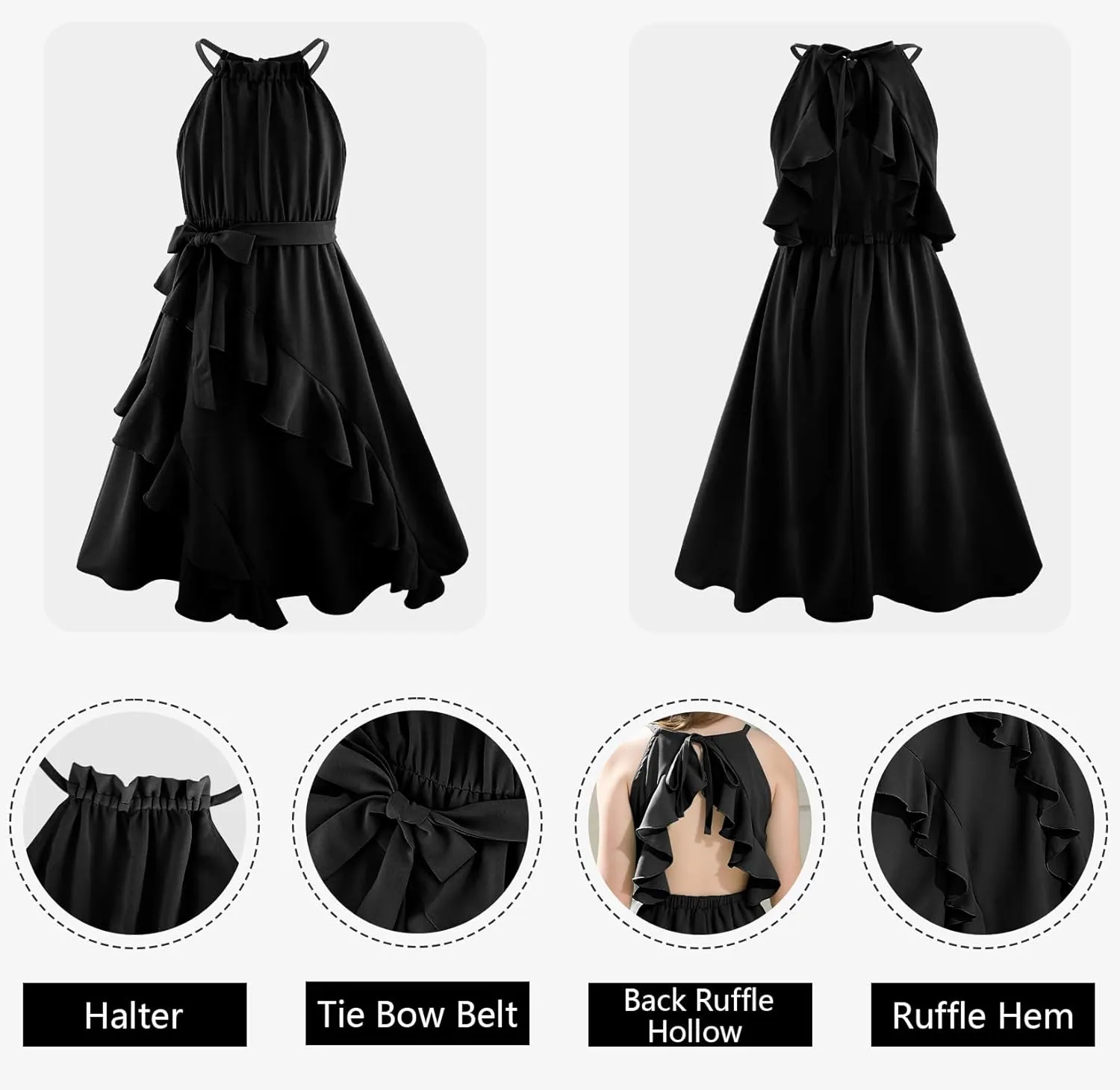 Tween Girls Dresses Halter Tie Back Tiered Ruffle A-Line Flowy Dress Summer Sleeveless Sundress Size 5-14 Years