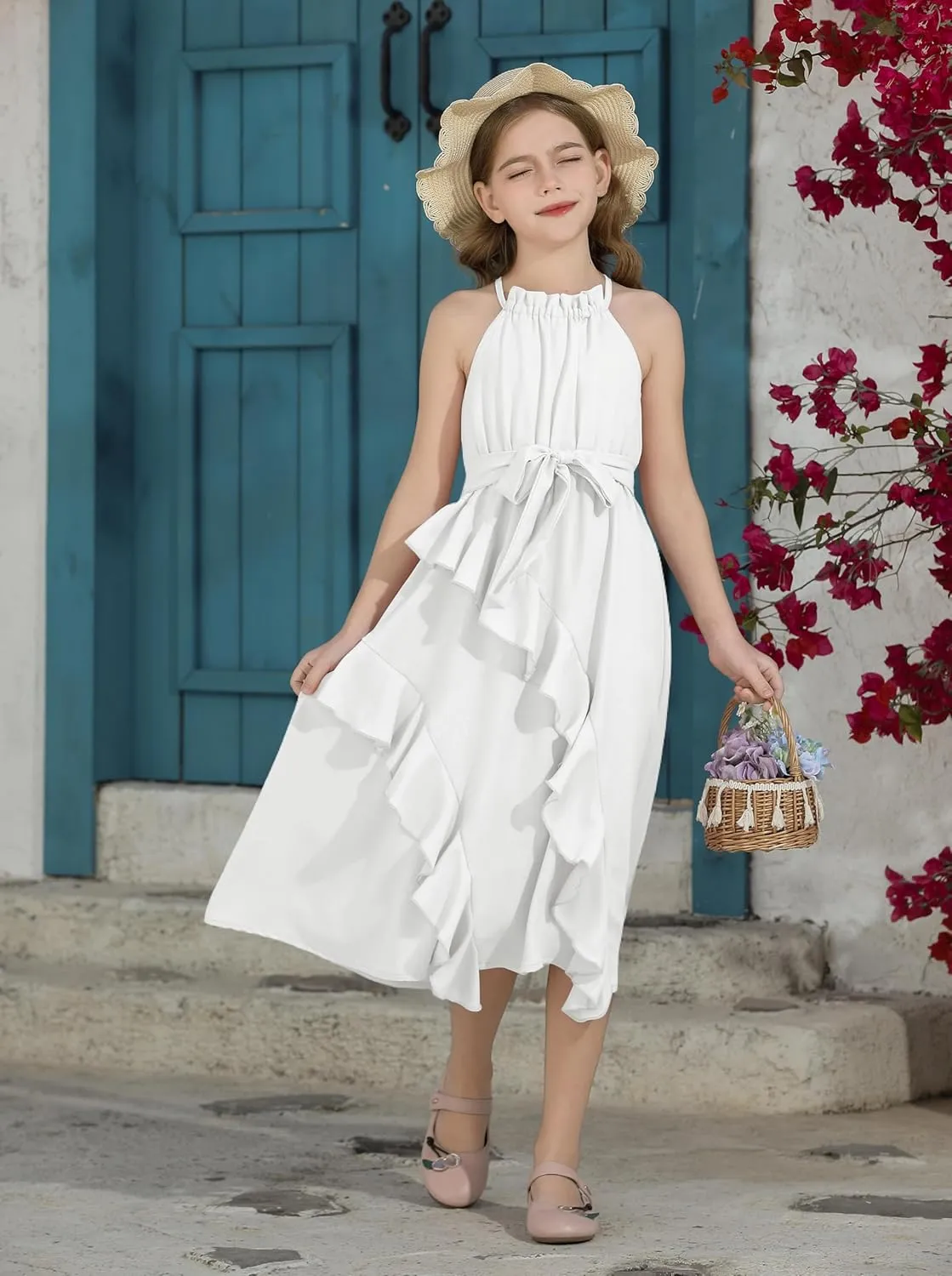 Tween Girls Dresses Halter Tie Back Tiered Ruffle A-Line Flowy Dress Summer Sleeveless Sundress Size 5-14 Years