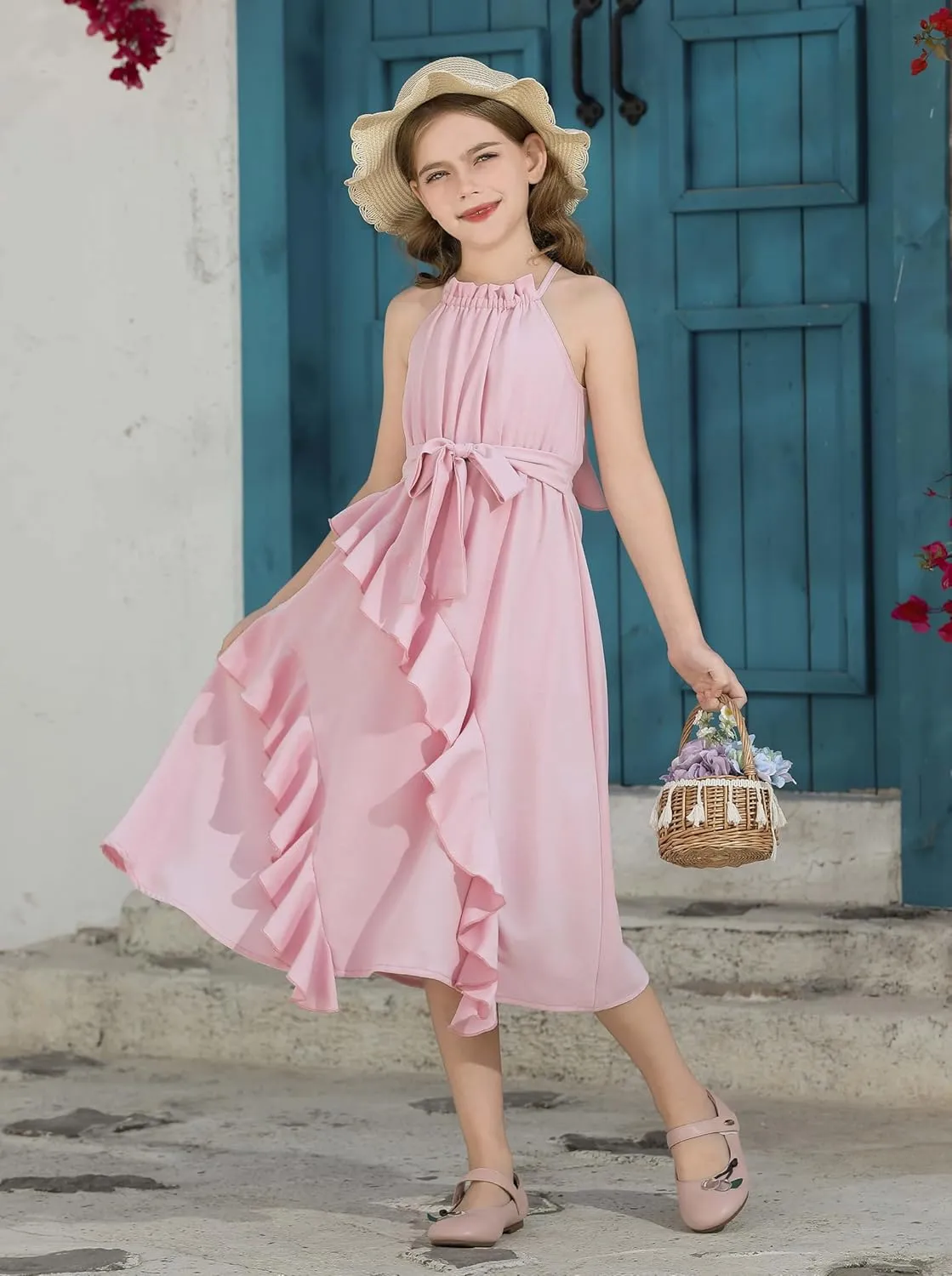 Tween Girls Dresses Halter Tie Back Tiered Ruffle A-Line Flowy Dress Summer Sleeveless Sundress Size 5-14 Years