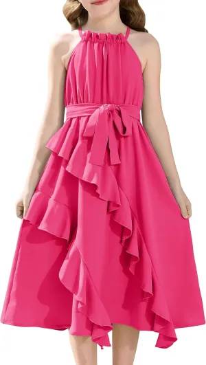 Tween Girls Dresses Halter Tie Back Tiered Ruffle A-Line Flowy Dress Summer Sleeveless Sundress Size 5-14 Years