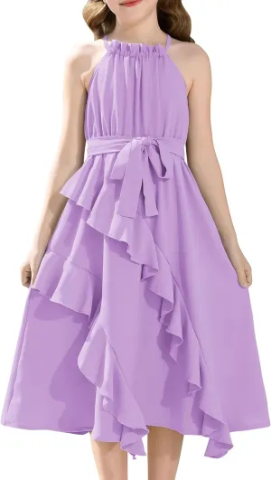 Tween Girls Dresses Halter Tie Back Tiered Ruffle A-Line Flowy Dress Summer Sleeveless Sundress Size 5-14 Years
