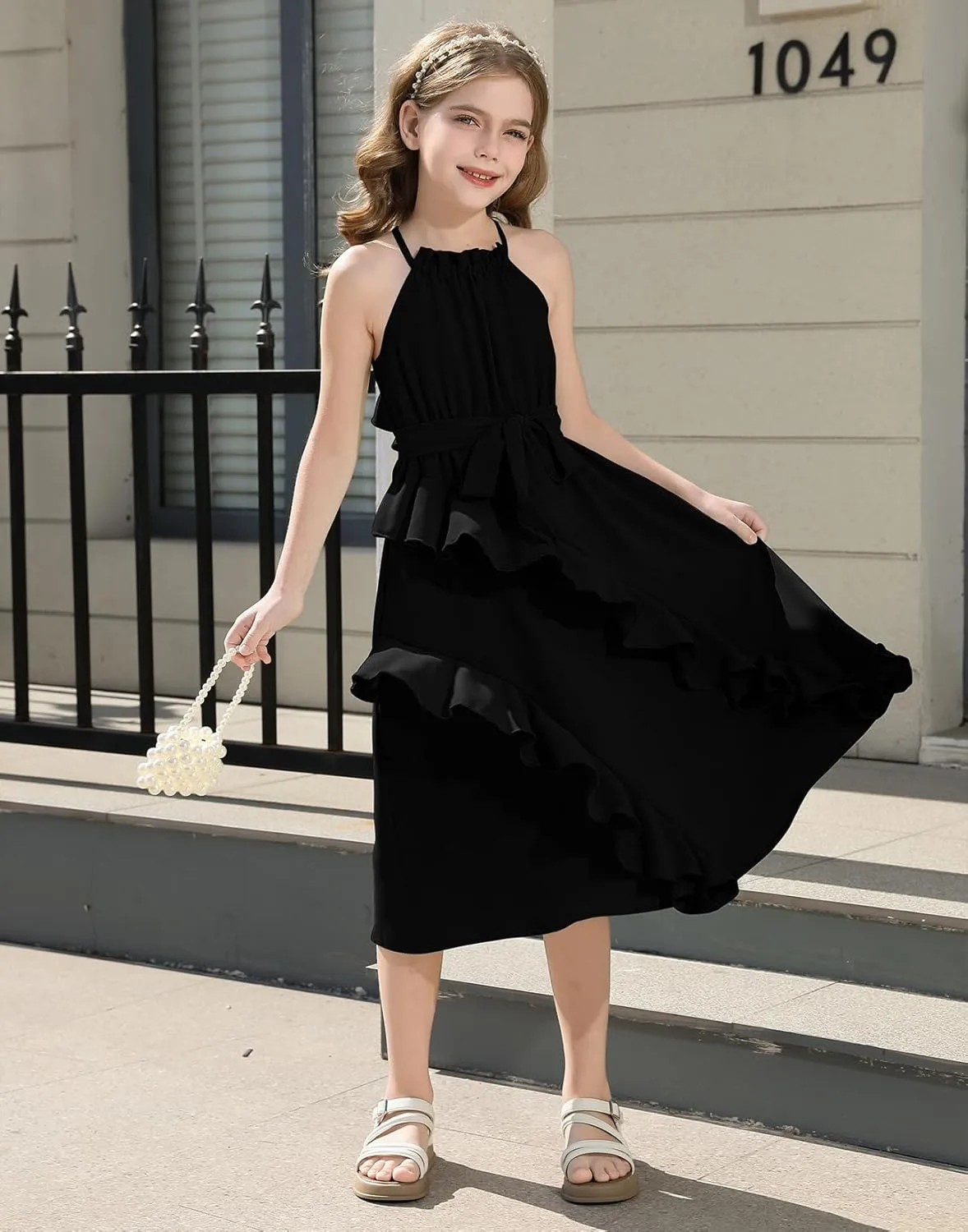 Tween Girls Dresses Halter Tie Back Tiered Ruffle A-Line Flowy Dress Summer Sleeveless Sundress Size 5-14 Years