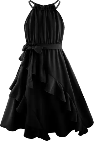 Tween Girls Dresses Halter Tie Back Tiered Ruffle A-Line Flowy Dress Summer Sleeveless Sundress Size 5-14 Years