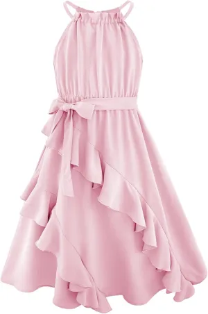 Tween Girls Dresses Halter Tie Back Tiered Ruffle A-Line Flowy Dress Summer Sleeveless Sundress Size 5-14 Years