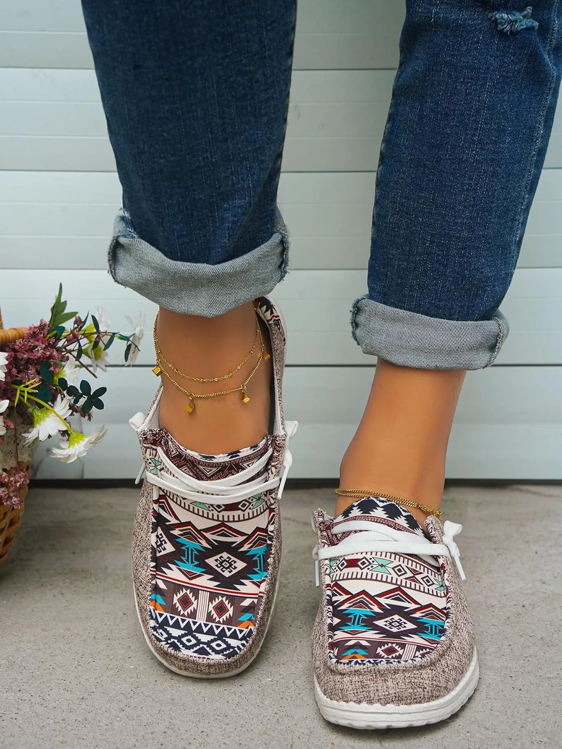 Unisex Adults/Teenagers Ethnic Aztec Print Pattern Canvas Loafers Wide Width Lace-up Slip-on Sneakers Comfort Ultralight Breathable Walking/Driving/Work/Daily Shoes for Women/Men, Blue/Brown/Rose-Red