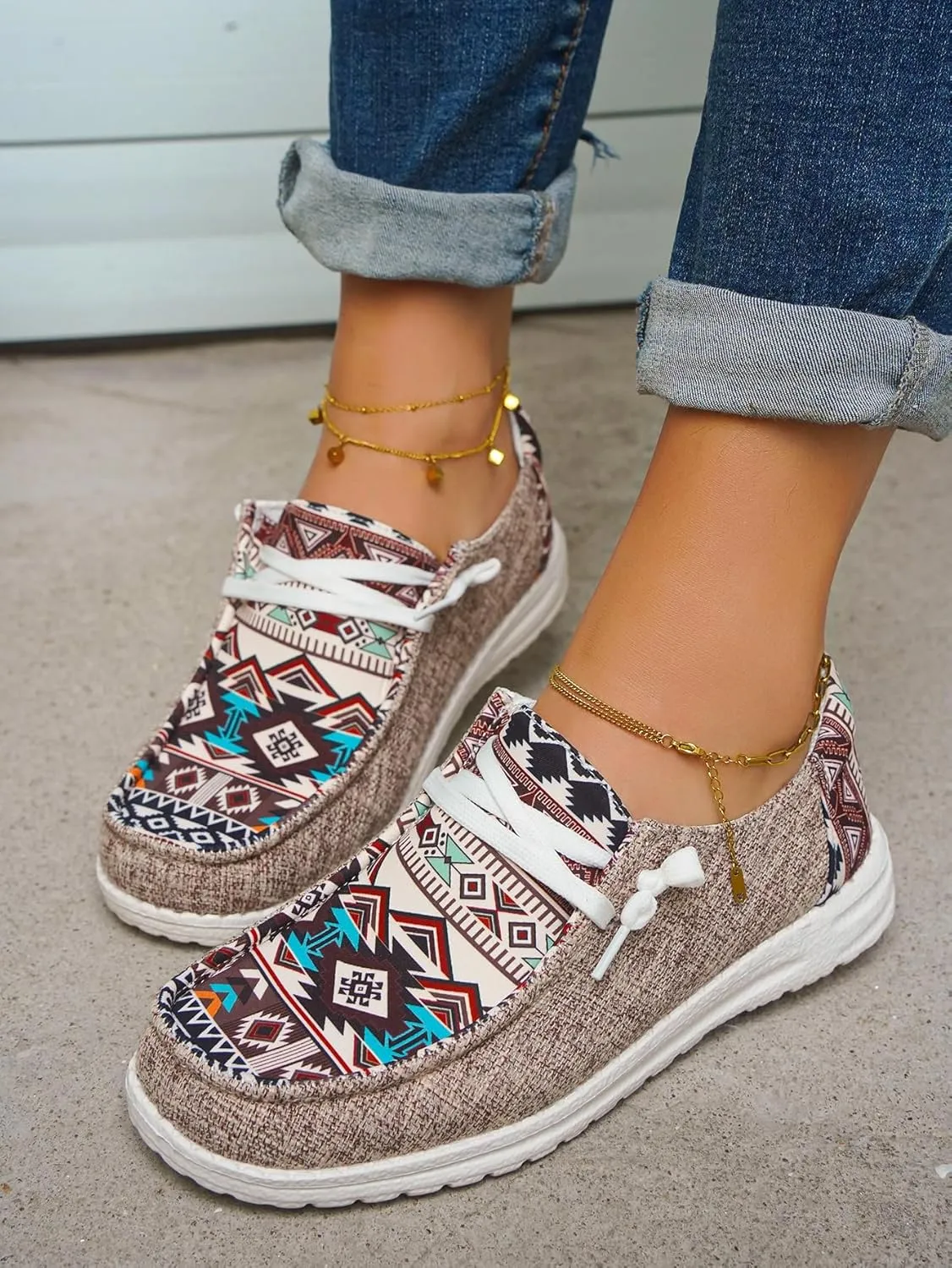 Unisex Adults/Teenagers Ethnic Aztec Print Pattern Canvas Loafers Wide Width Lace-up Slip-on Sneakers Comfort Ultralight Breathable Walking/Driving/Work/Daily Shoes for Women/Men, Blue/Brown/Rose-Red