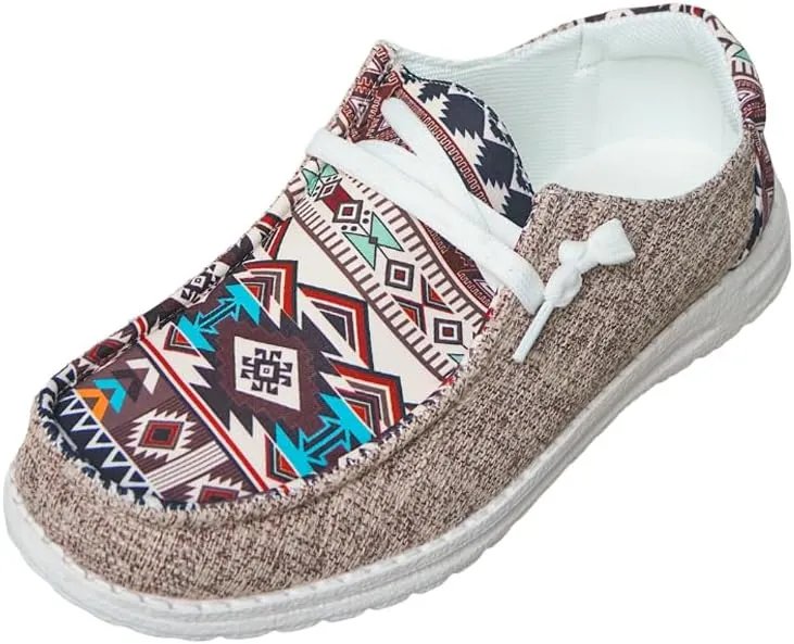 Unisex Adults/Teenagers Ethnic Aztec Print Pattern Canvas Loafers Wide Width Lace-up Slip-on Sneakers Comfort Ultralight Breathable Walking/Driving/Work/Daily Shoes for Women/Men, Blue/Brown/Rose-Red