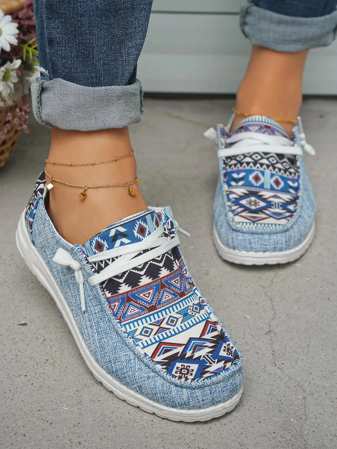 Unisex Adults/Teenagers Ethnic Aztec Print Pattern Canvas Loafers Wide Width Lace-up Slip-on Sneakers Comfort Ultralight Breathable Walking/Driving/Work/Daily Shoes for Women/Men, Blue/Brown/Rose-Red