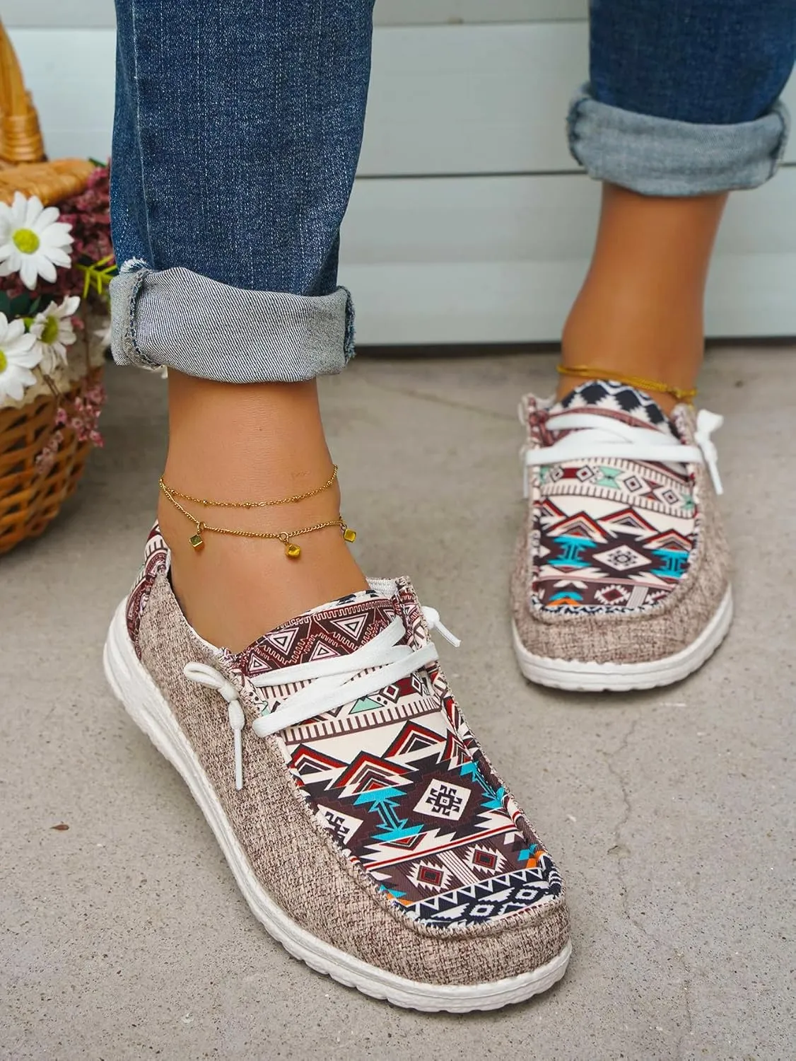 Unisex Adults/Teenagers Ethnic Aztec Print Pattern Canvas Loafers Wide Width Lace-up Slip-on Sneakers Comfort Ultralight Breathable Walking/Driving/Work/Daily Shoes for Women/Men, Blue/Brown/Rose-Red