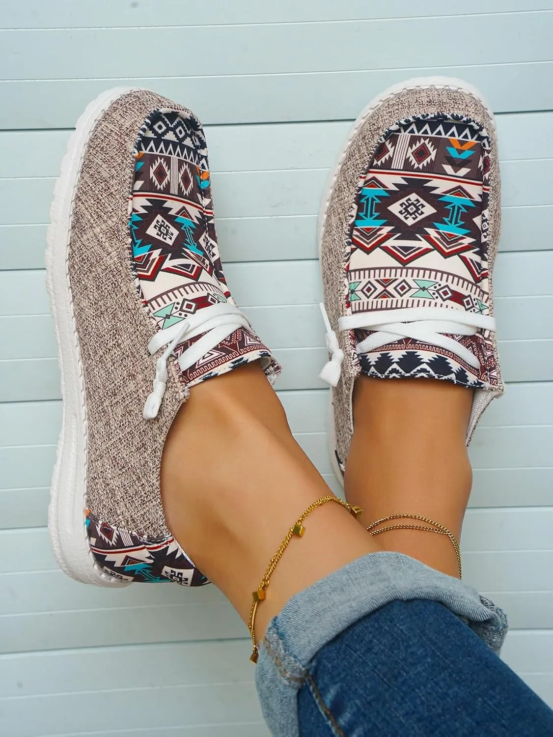 Unisex Adults/Teenagers Ethnic Aztec Print Pattern Canvas Loafers Wide Width Lace-up Slip-on Sneakers Comfort Ultralight Breathable Walking/Driving/Work/Daily Shoes for Women/Men, Blue/Brown/Rose-Red