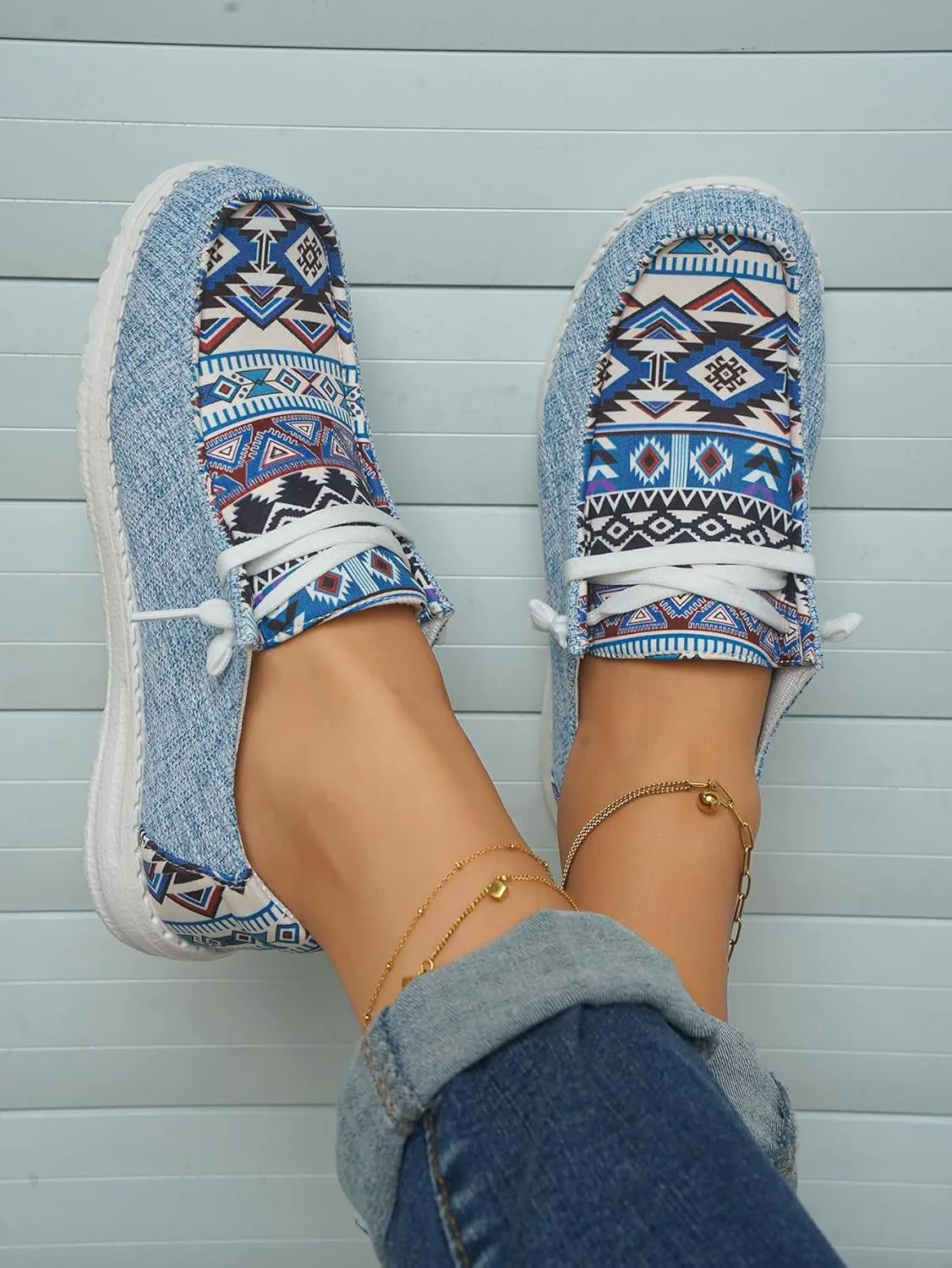 Unisex Adults/Teenagers Ethnic Aztec Print Pattern Canvas Loafers Wide Width Lace-up Slip-on Sneakers Comfort Ultralight Breathable Walking/Driving/Work/Daily Shoes for Women/Men, Blue/Brown/Rose-Red