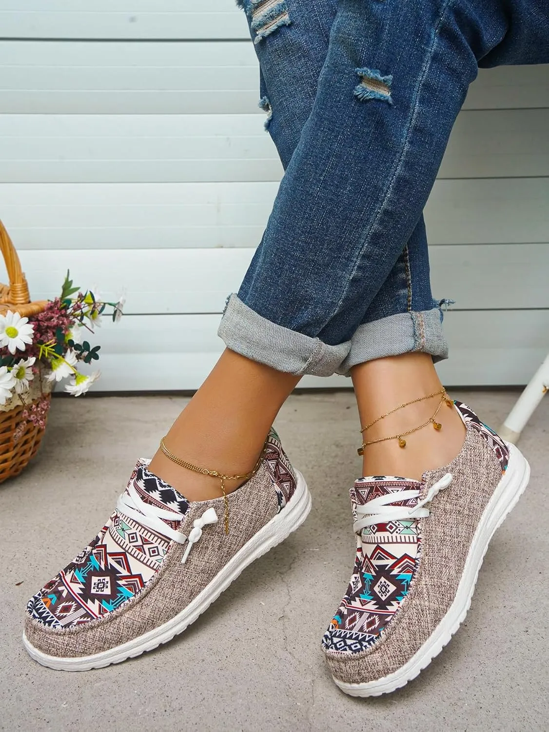 Unisex Adults/Teenagers Ethnic Aztec Print Pattern Canvas Loafers Wide Width Lace-up Slip-on Sneakers Comfort Ultralight Breathable Walking/Driving/Work/Daily Shoes for Women/Men, Blue/Brown/Rose-Red