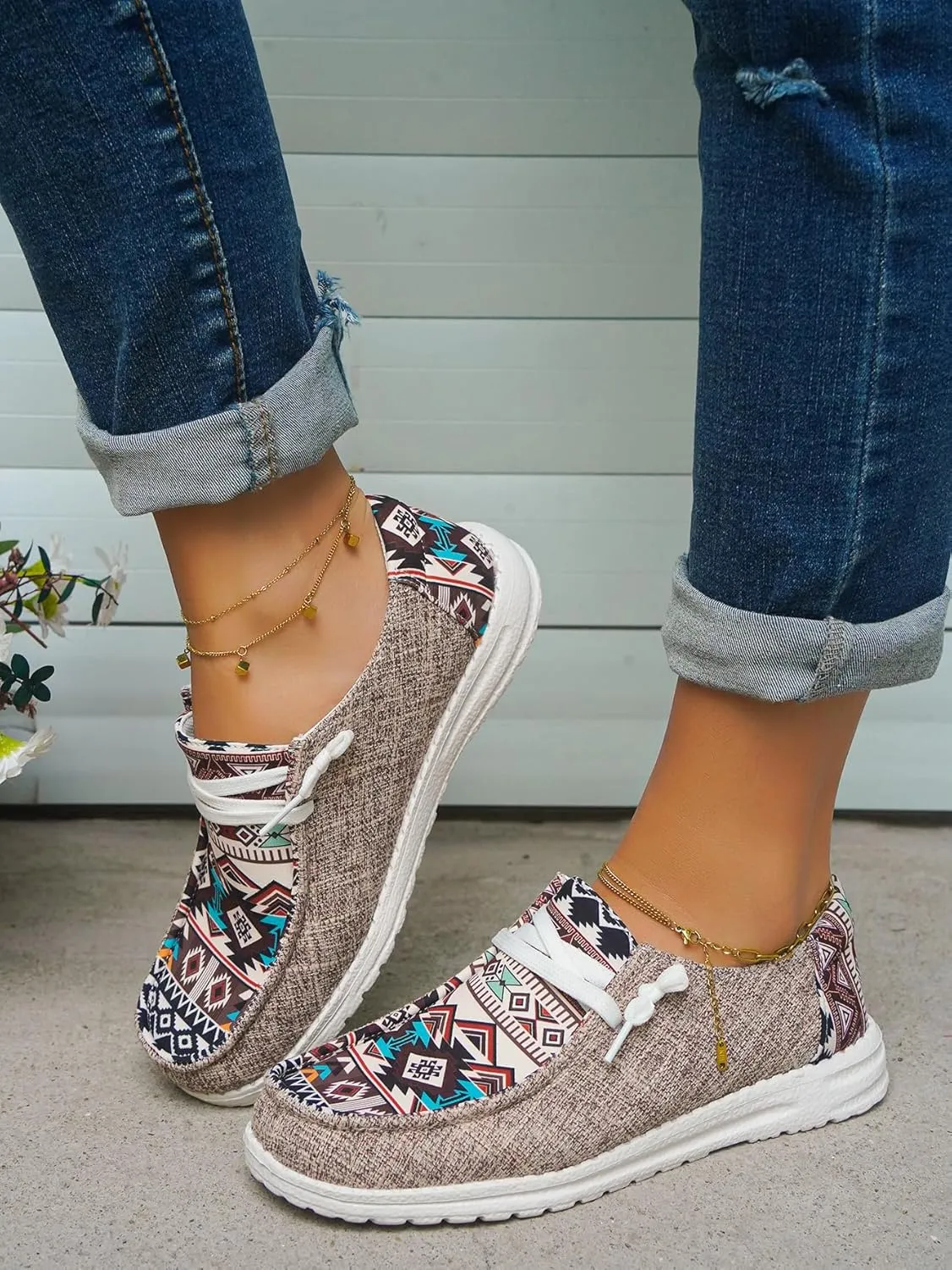 Unisex Adults/Teenagers Ethnic Aztec Print Pattern Canvas Loafers Wide Width Lace-up Slip-on Sneakers Comfort Ultralight Breathable Walking/Driving/Work/Daily Shoes for Women/Men, Blue/Brown/Rose-Red